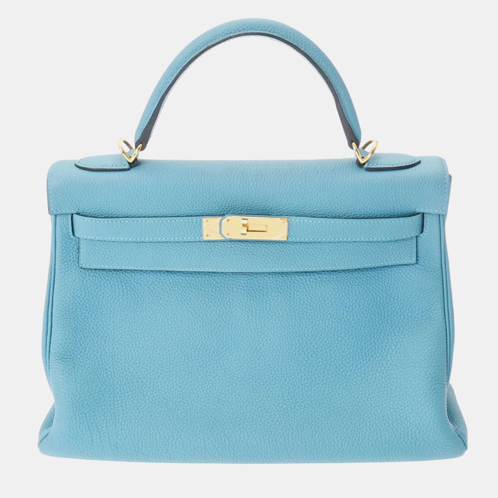 Pre-owned Hermes Kelly 32 Inner Stitch Turquoise R Stamp (around 2014) Ladies Togo Bag In Blue