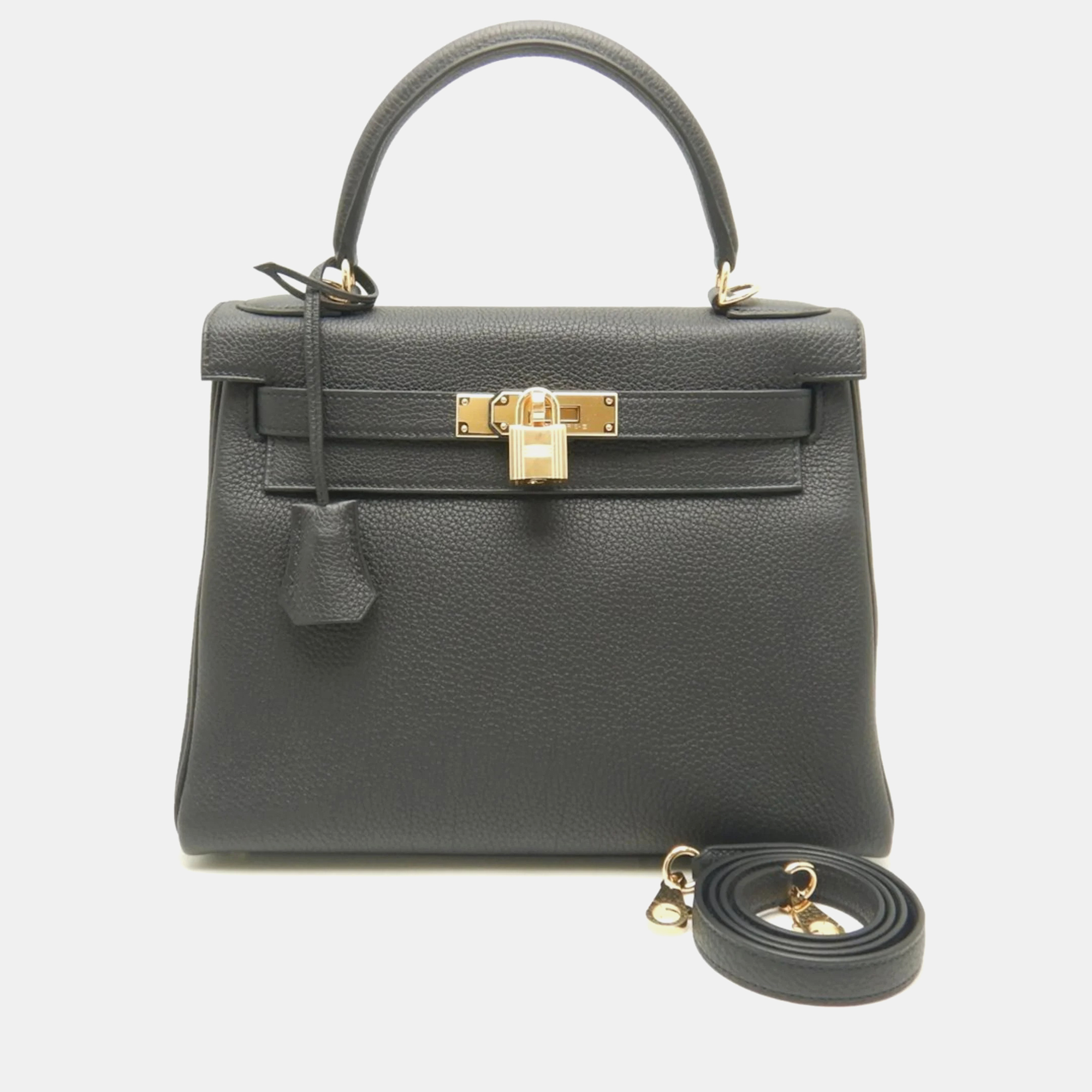 Pre-owned Hermes Kelly  28 Handbag Togo Black X Gold Hardware 151622