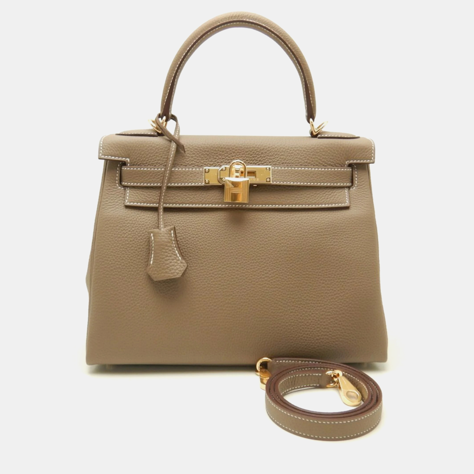 Pre-owned Hermes Kelly  28 Handbag Togo Etoupe X Gold Hardware 151571 In Brown