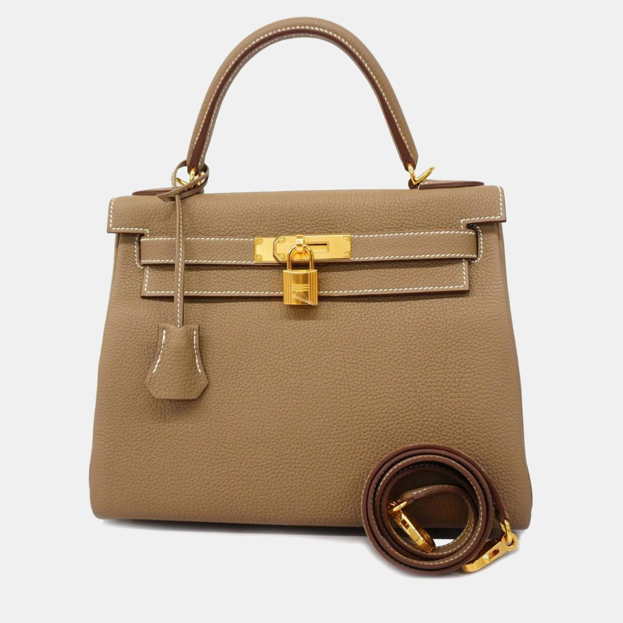 Pre-owned Hermes Togo Etoupe B Engraved Kelly 28 Ladies Handbag In Brown