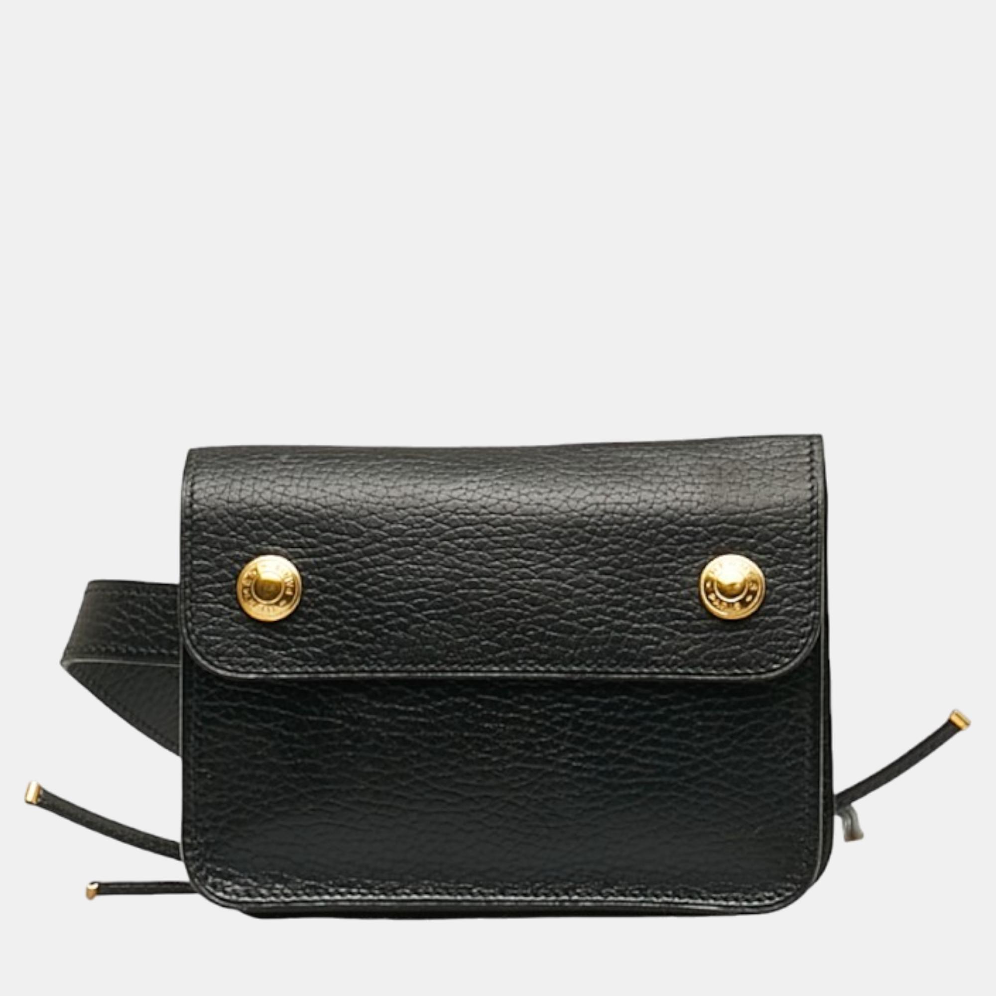 

Hermes Black Leather Courchevel Flap Belt Bag