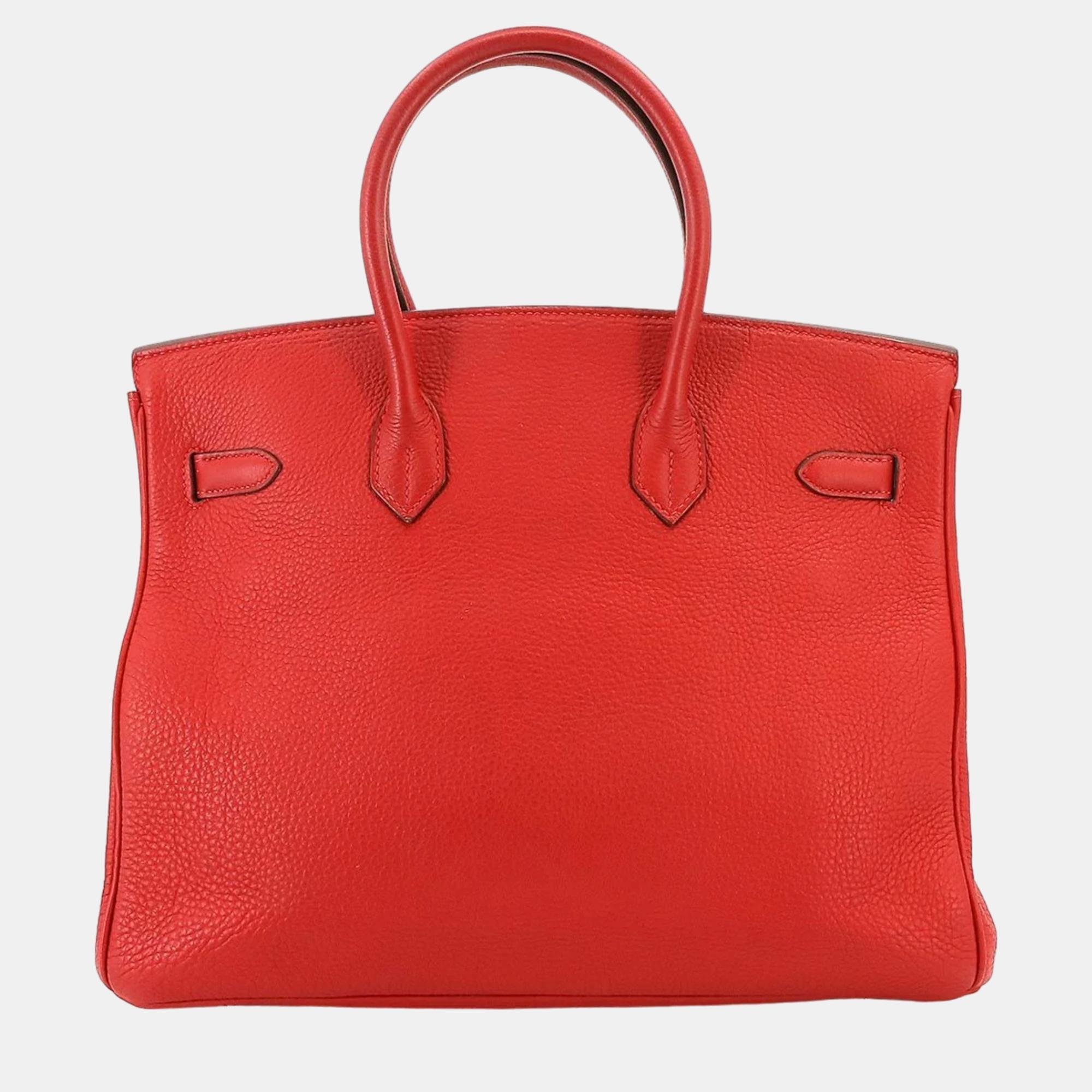 

Hermes Taurillon Clemence Rouge Cazac P Engraved Silver Hardware Birkin 35 Hand Bag, Red