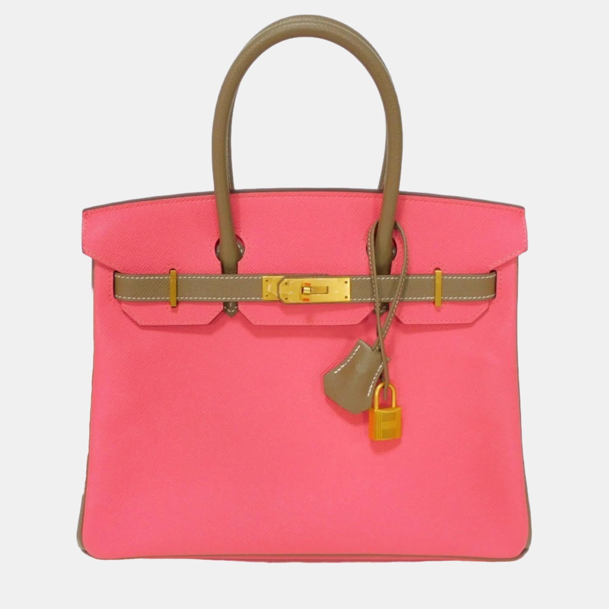 

Hermes Rose Azalea Etoupe Bicolor Pink Greige Vaux Epson Birkin 30 A Engraved Women's Handbag