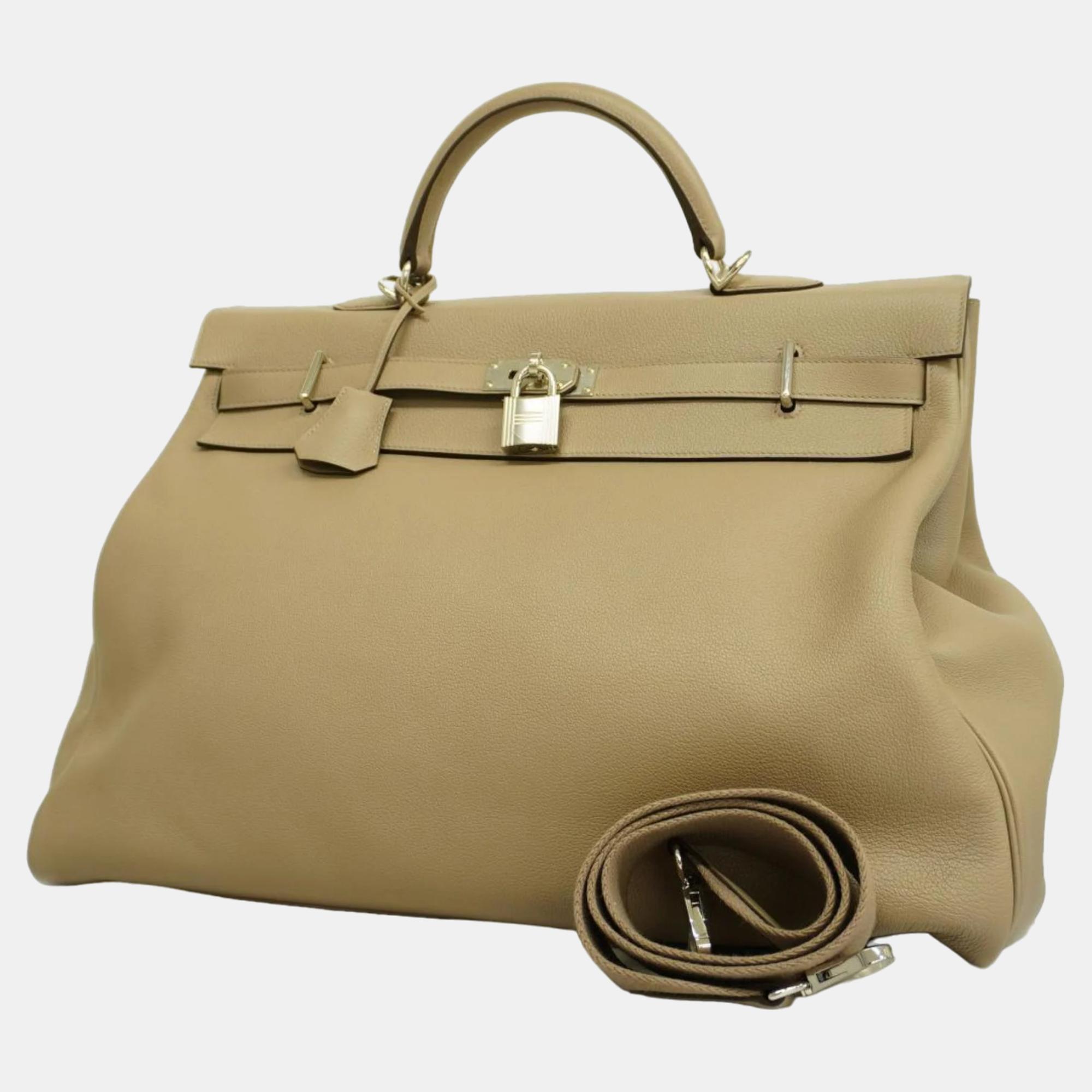 Pre-owned Hermes Novillo Etoupe Taurillon Kelly 50 Z Engraved Ladies Handbag In Brown