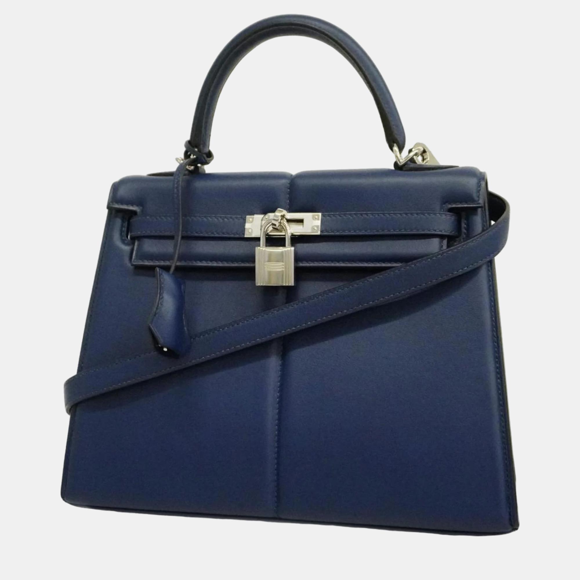 

Hermes Swift Blue Saphir Engraved Kelly Patted 25 Z Ladies Handbag, Navy blue