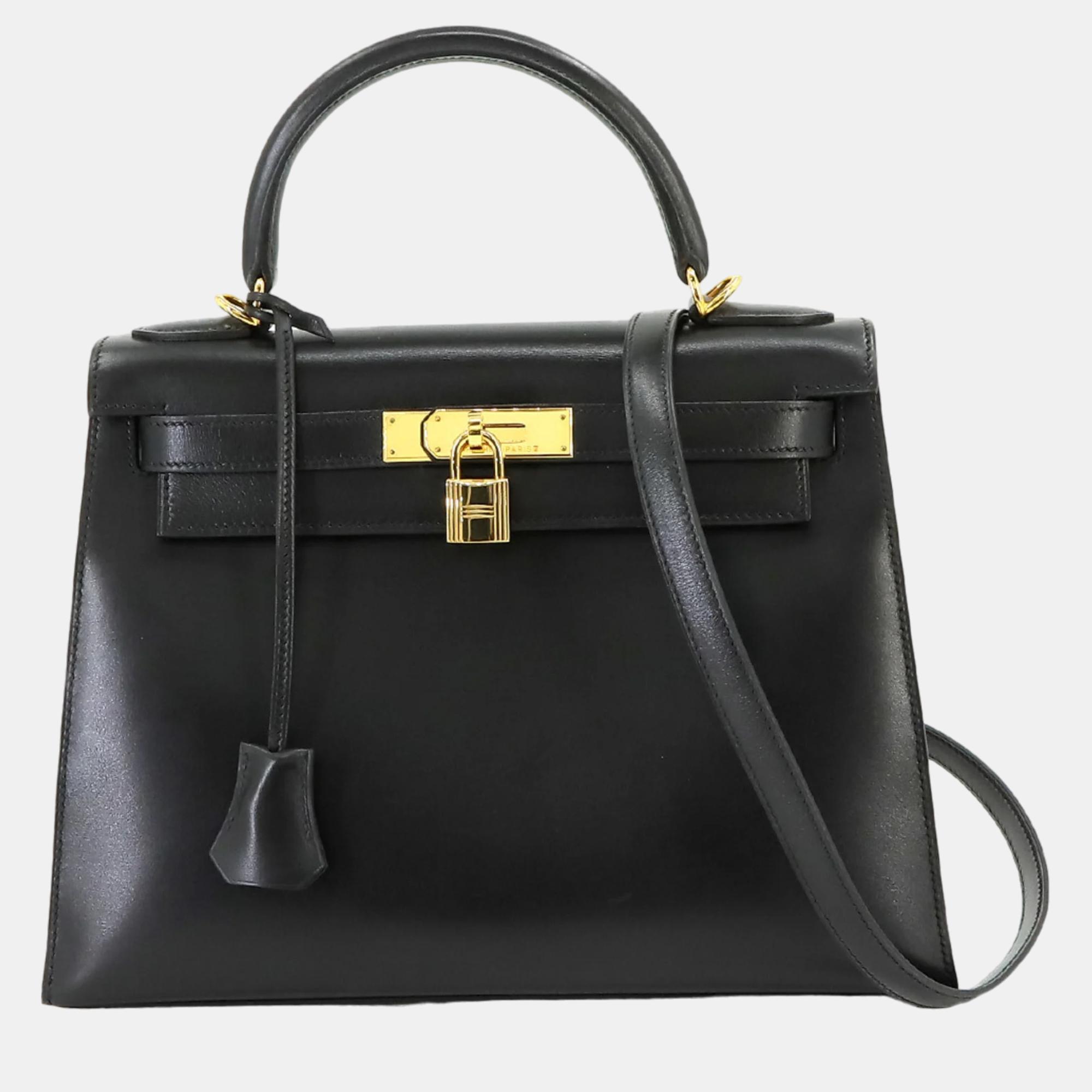 

Hermes black box calf leather Kelly 28 D stamp gold hardware hand shoulder bag