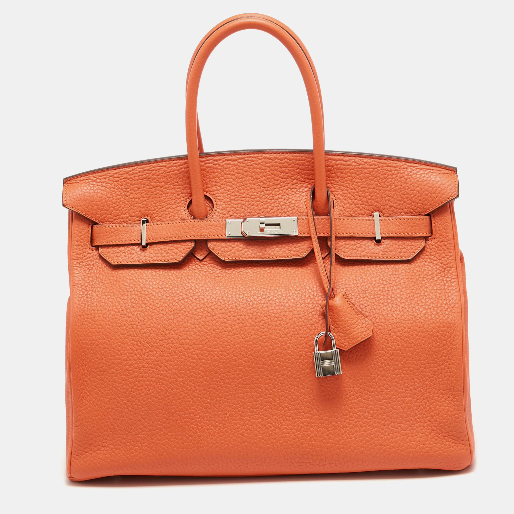 

Hermes Feu Taurillon Clemence Palladium Finish Birkin 35 Bag, Orange