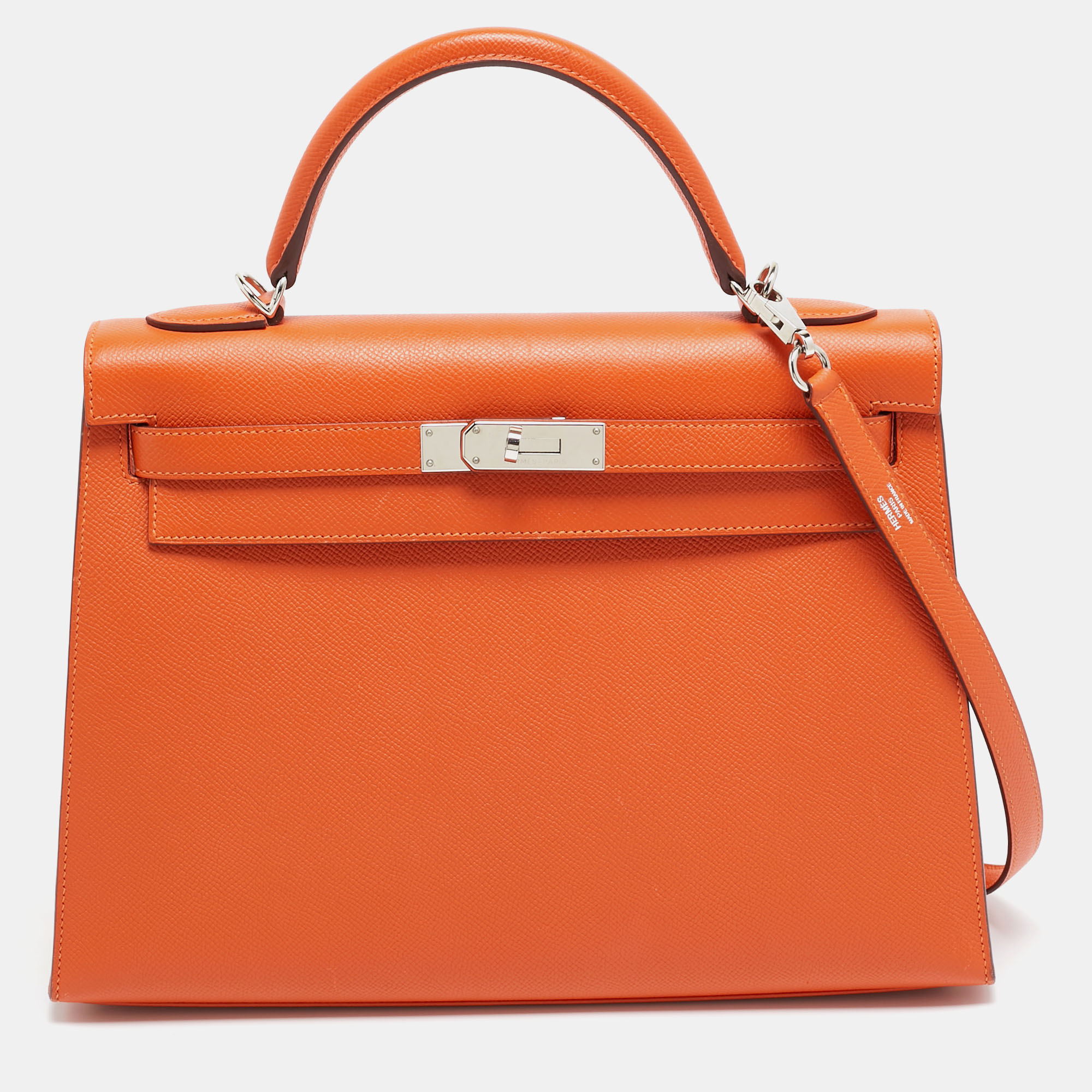 

Hermes Feu Epsom Leather Palladium Finish Kelly Sellier 32 Bag, Orange