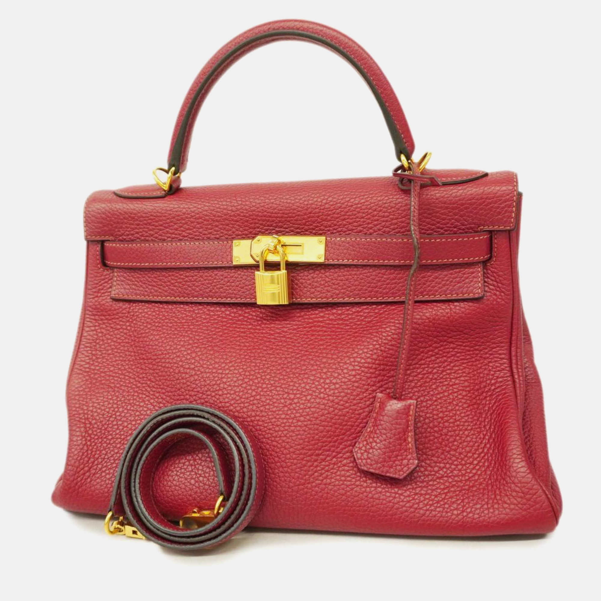 Pre-owned Hermes Rouge Grena Togo Kelly Engraved Handbag In Red