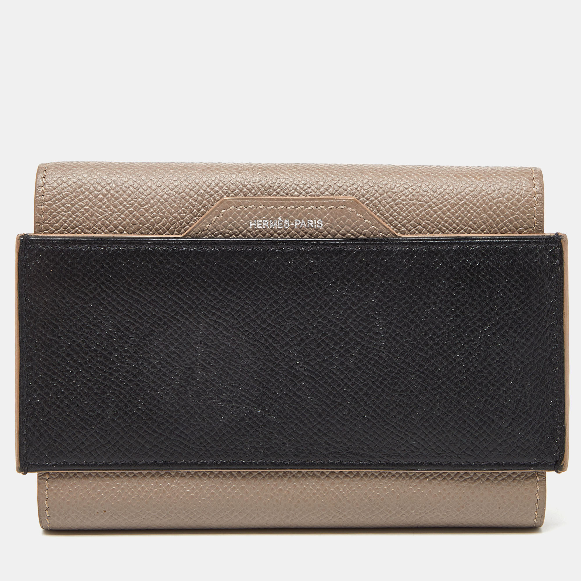 

Hermès Etain/Black Epsom Leather Passant Compact Wallet, Beige