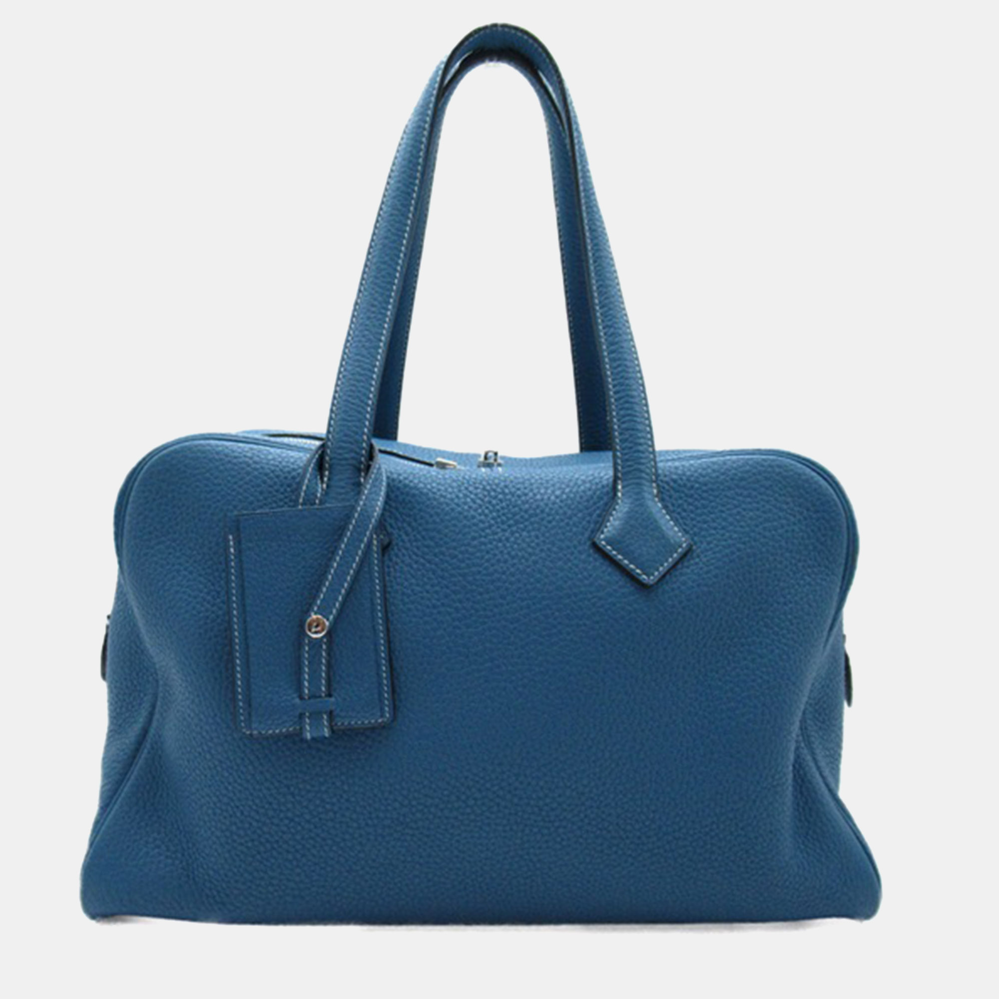 Pre-owned Hermes Blue Leather Clemence Victoria 35