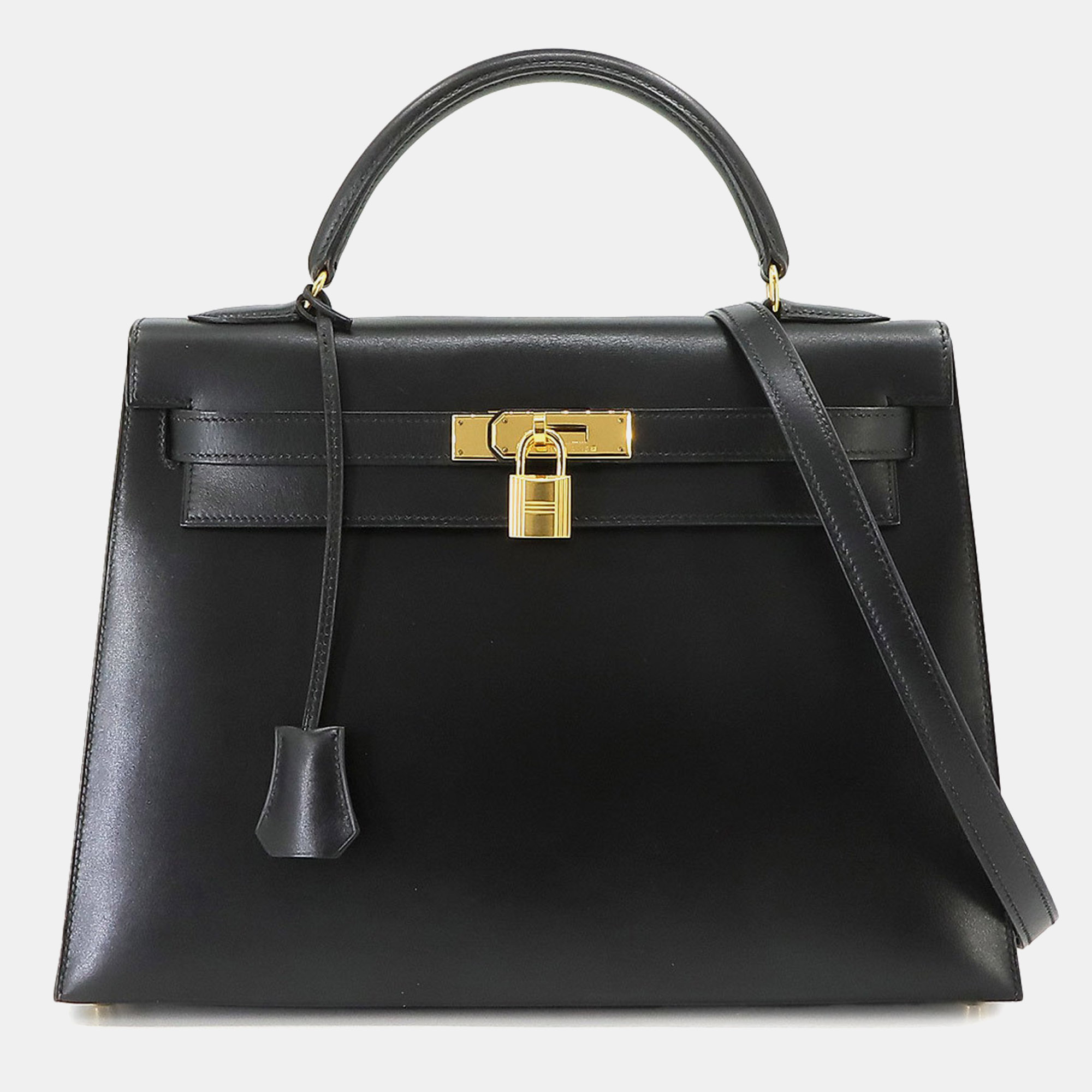 

Hermes Black Box Calf Kelly Stamp Gold Hardware Handbag