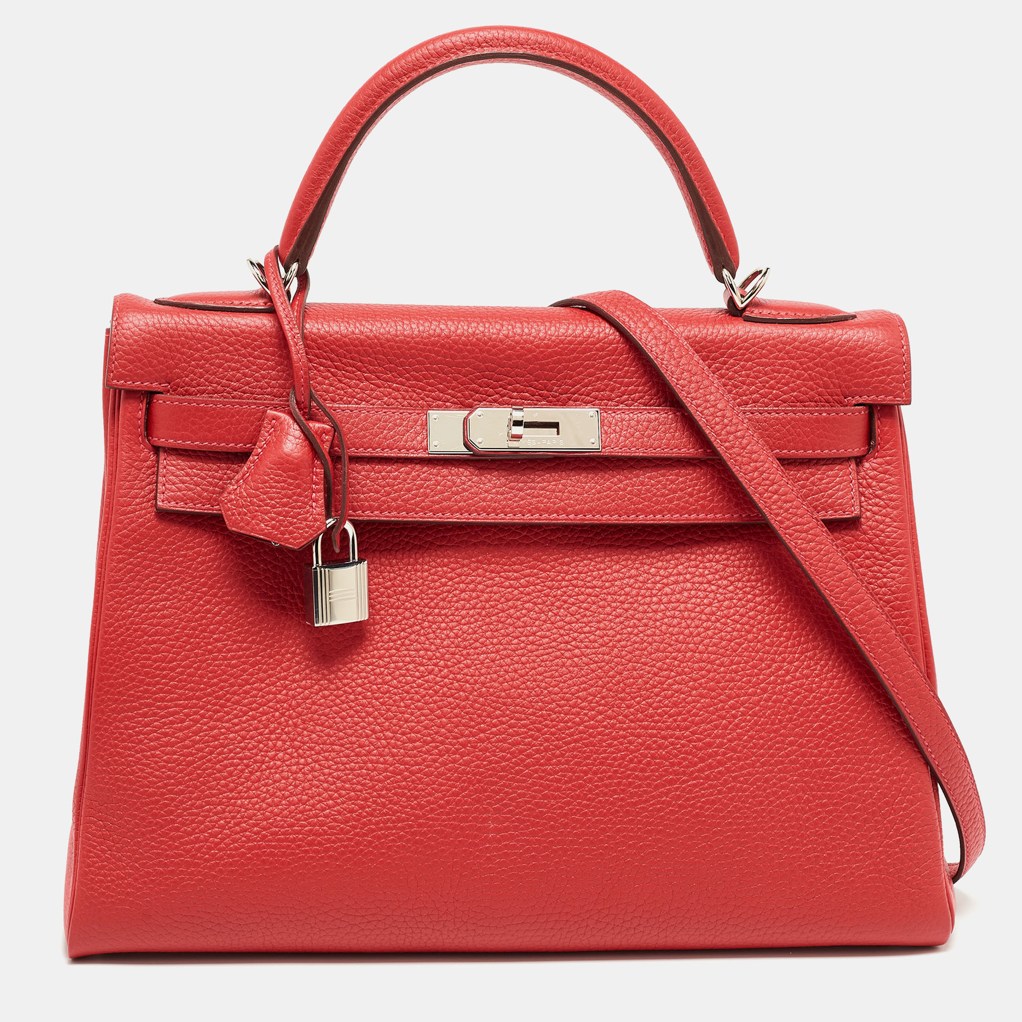 Pre-owned Hermes Hermès Rouge Casaque Togo Leather Palladium Finish Kelly Retourne 32 Bag In Red