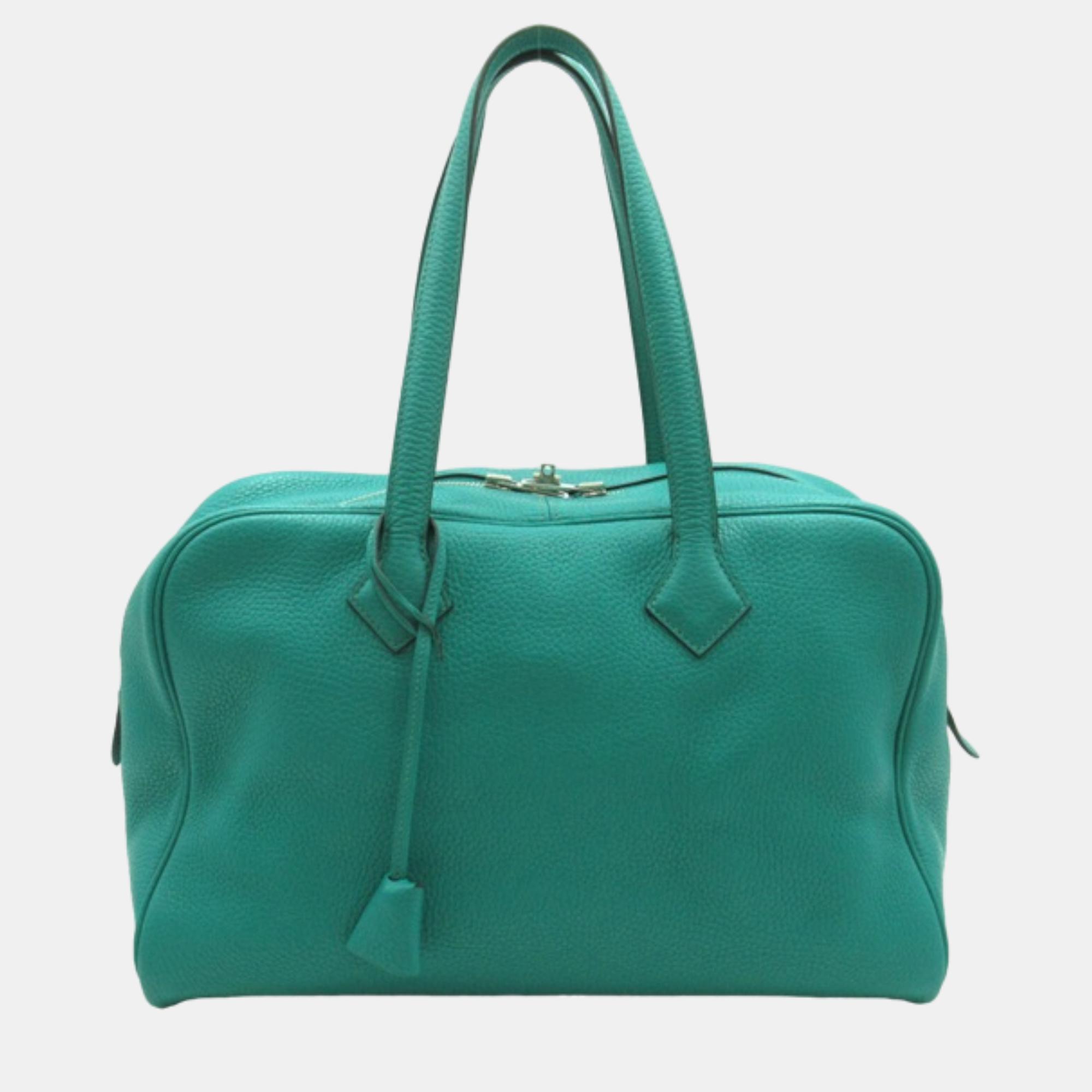

Hermes Green Leather Clemence Victoria 35 Handbag
