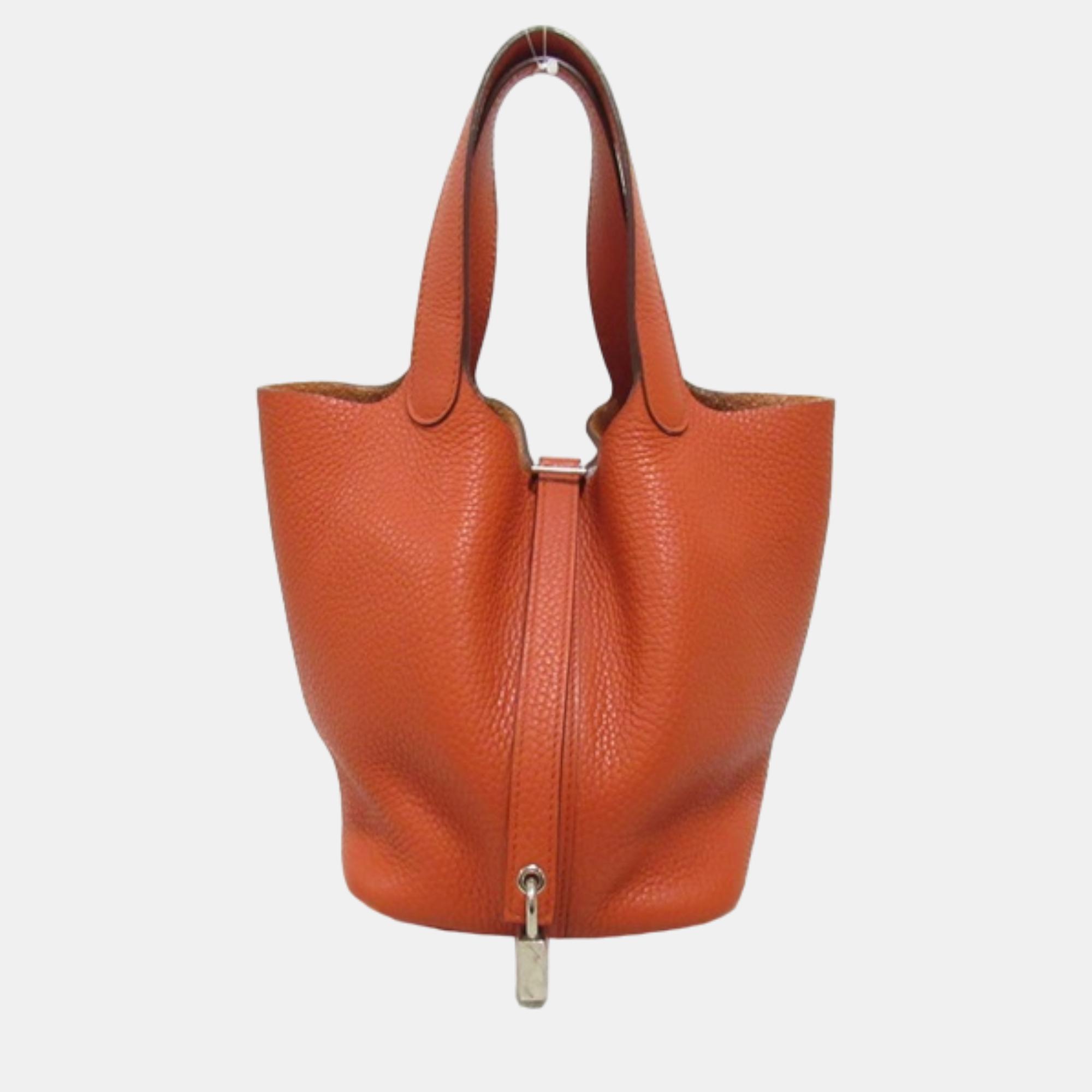 

Hermes Orange Leather Clemence Picotin Lock 18 Tote Bag