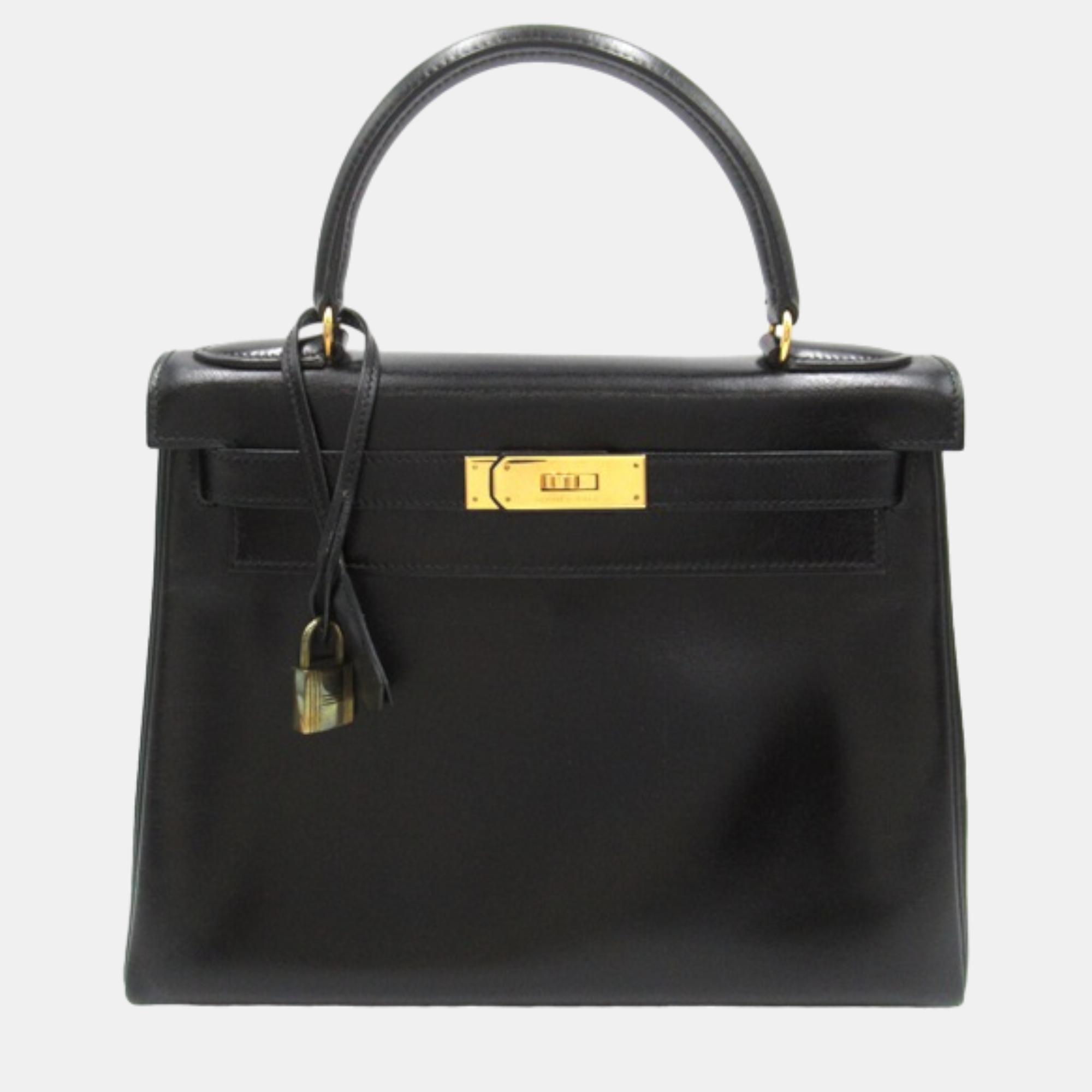 Pre-owned Hermes Black Leather Box Kelly 28 Handbag