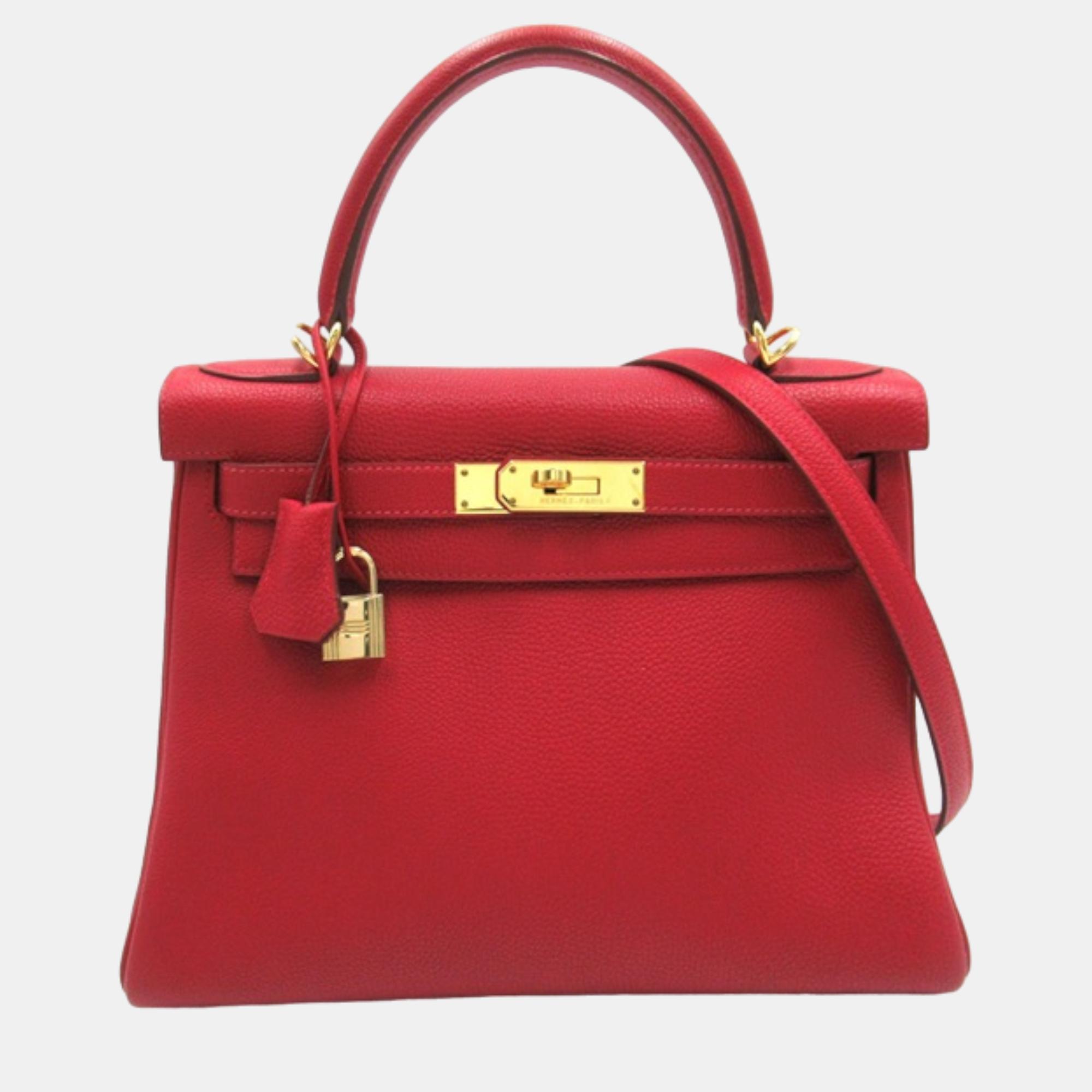 Pre-owned Hermes Red Leather Taurillon Clemence Kelly 28 Handbag