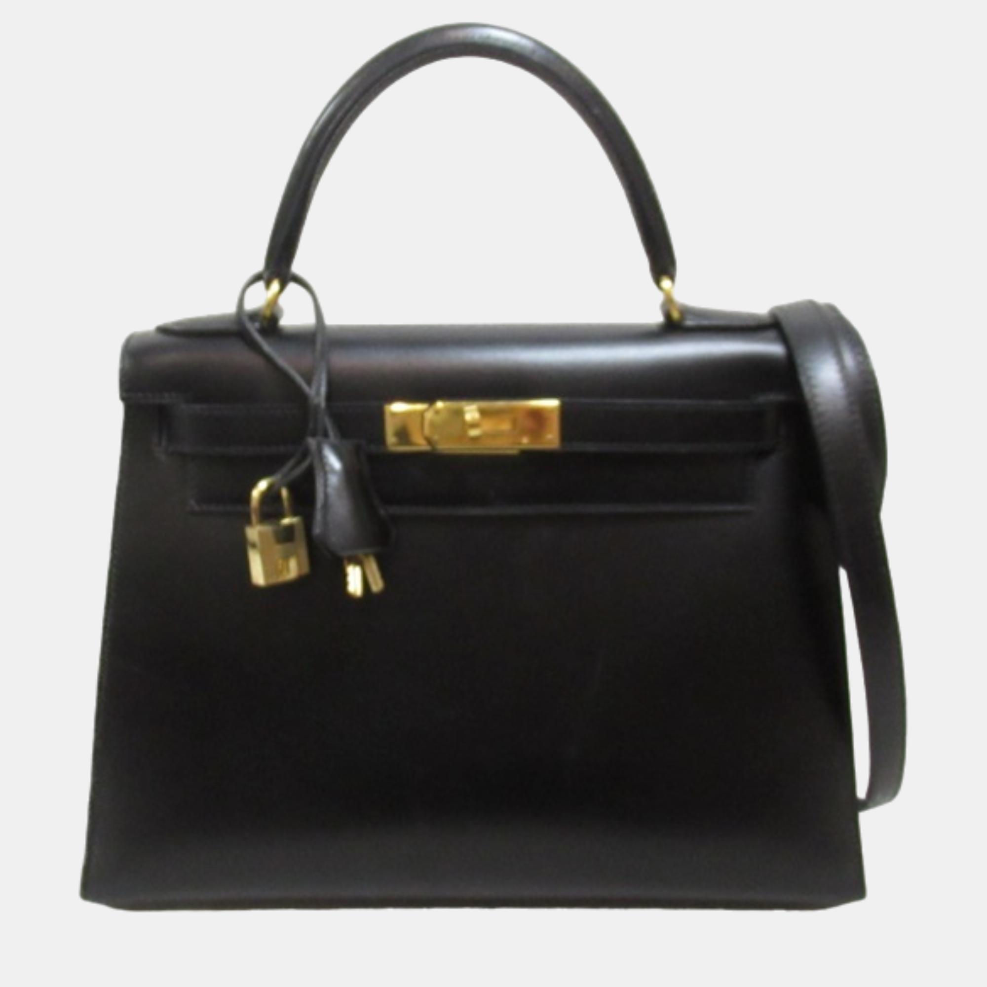 Pre-owned Hermes Black Leather Box Calf Kelly 28 Handbag