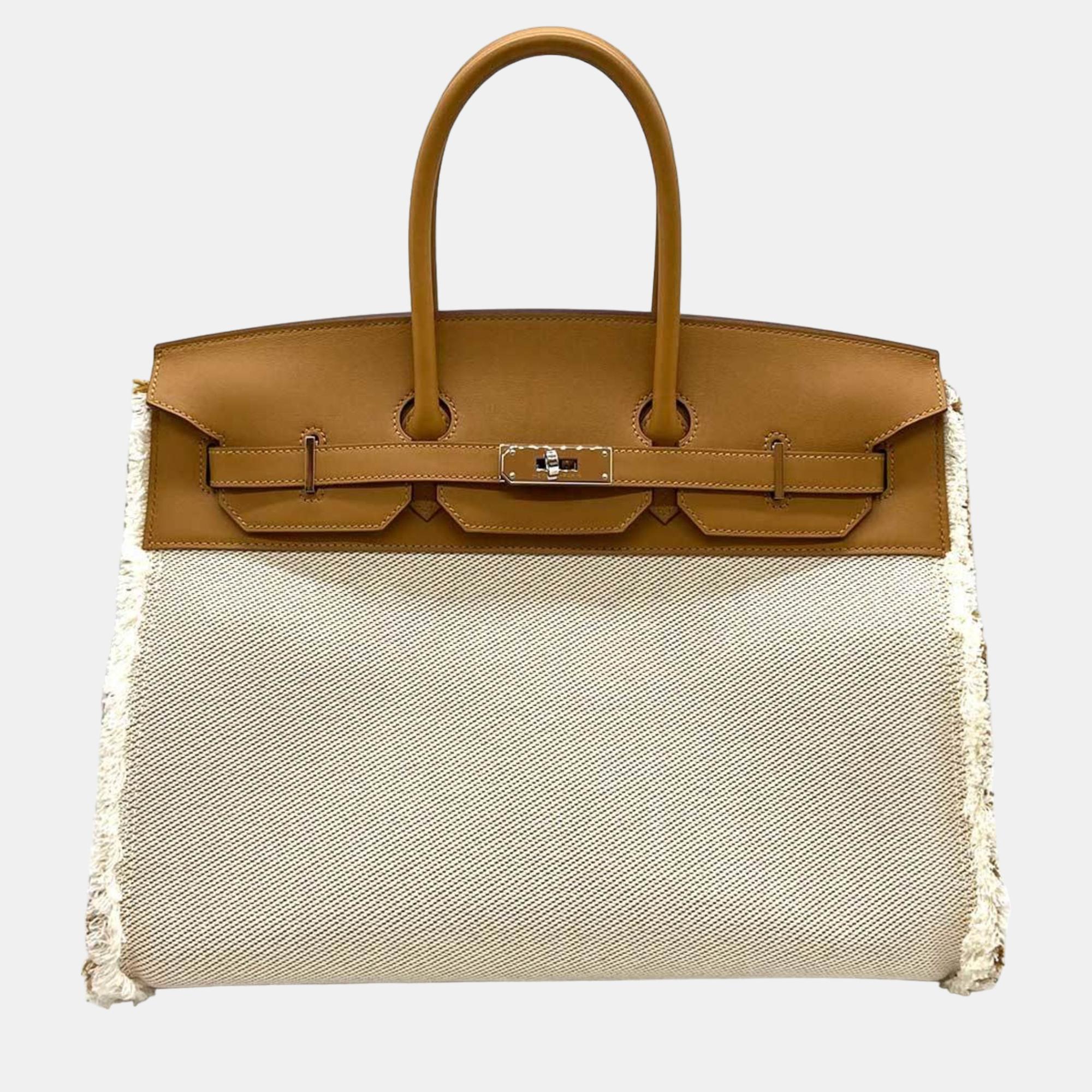 

Hermes Brown Toile and Swift Leather Fray Birkin 35 Tote Bag
