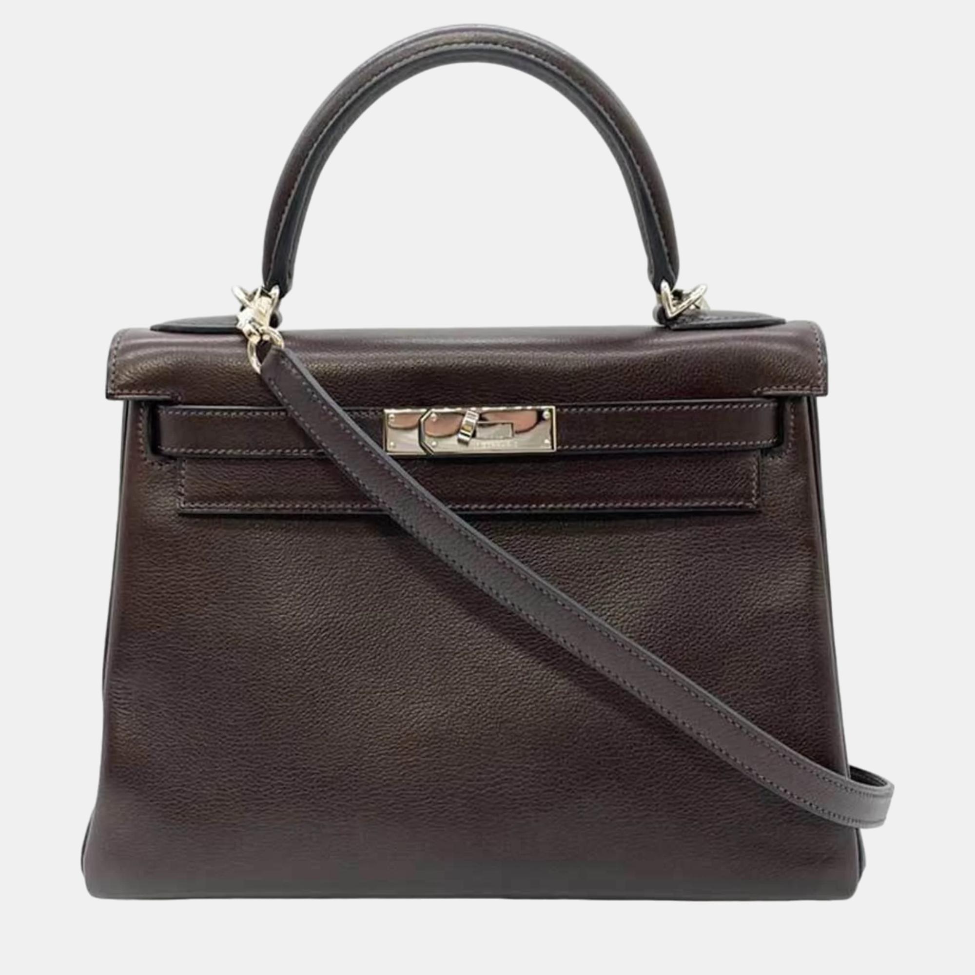 Pre-owned Hermes Ebene Brown Trapezoid Voevergrain Leather Kelly Handbag