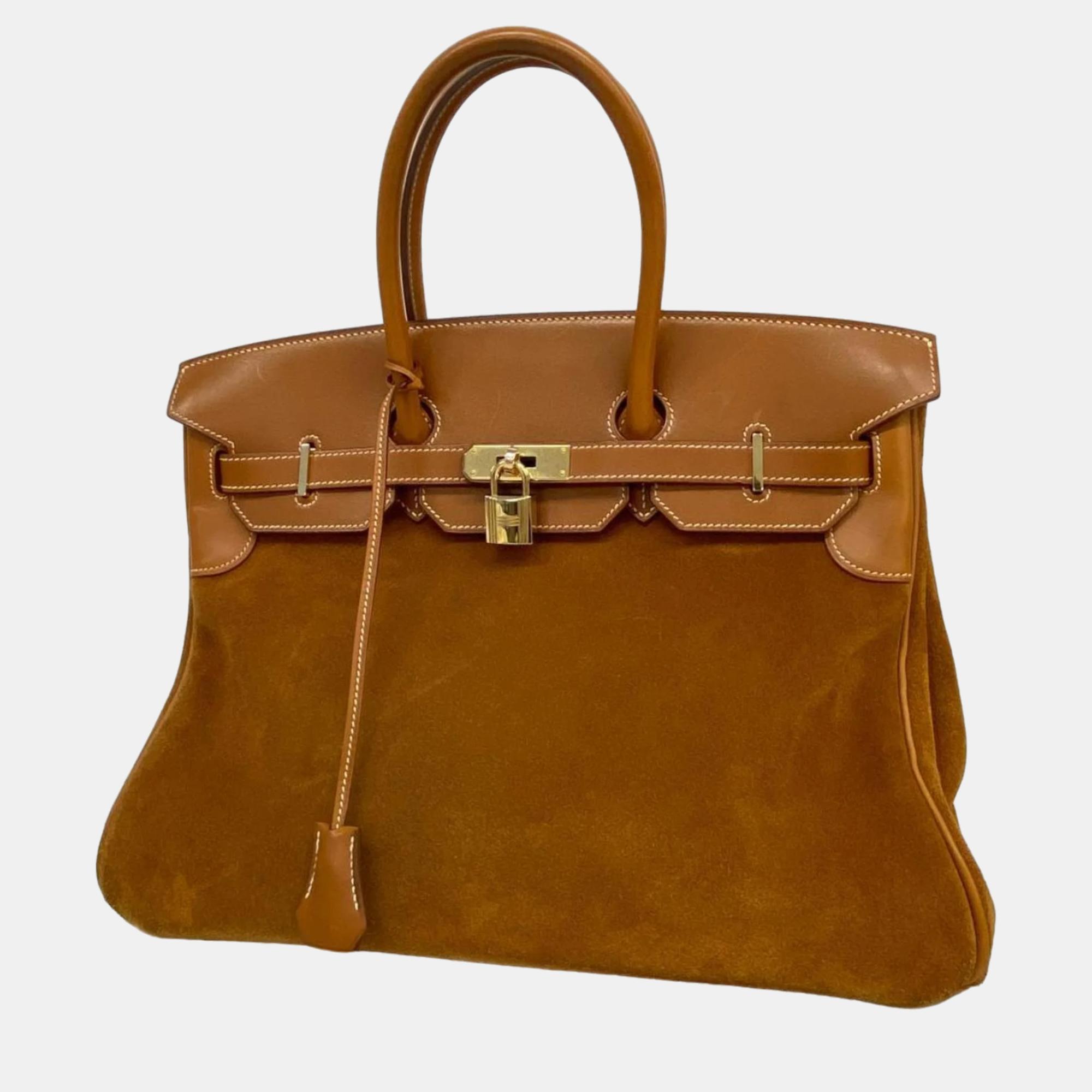 Pre-owned Hermes Grizzly Natural Swift Birkin Stamp Handbag In Brown