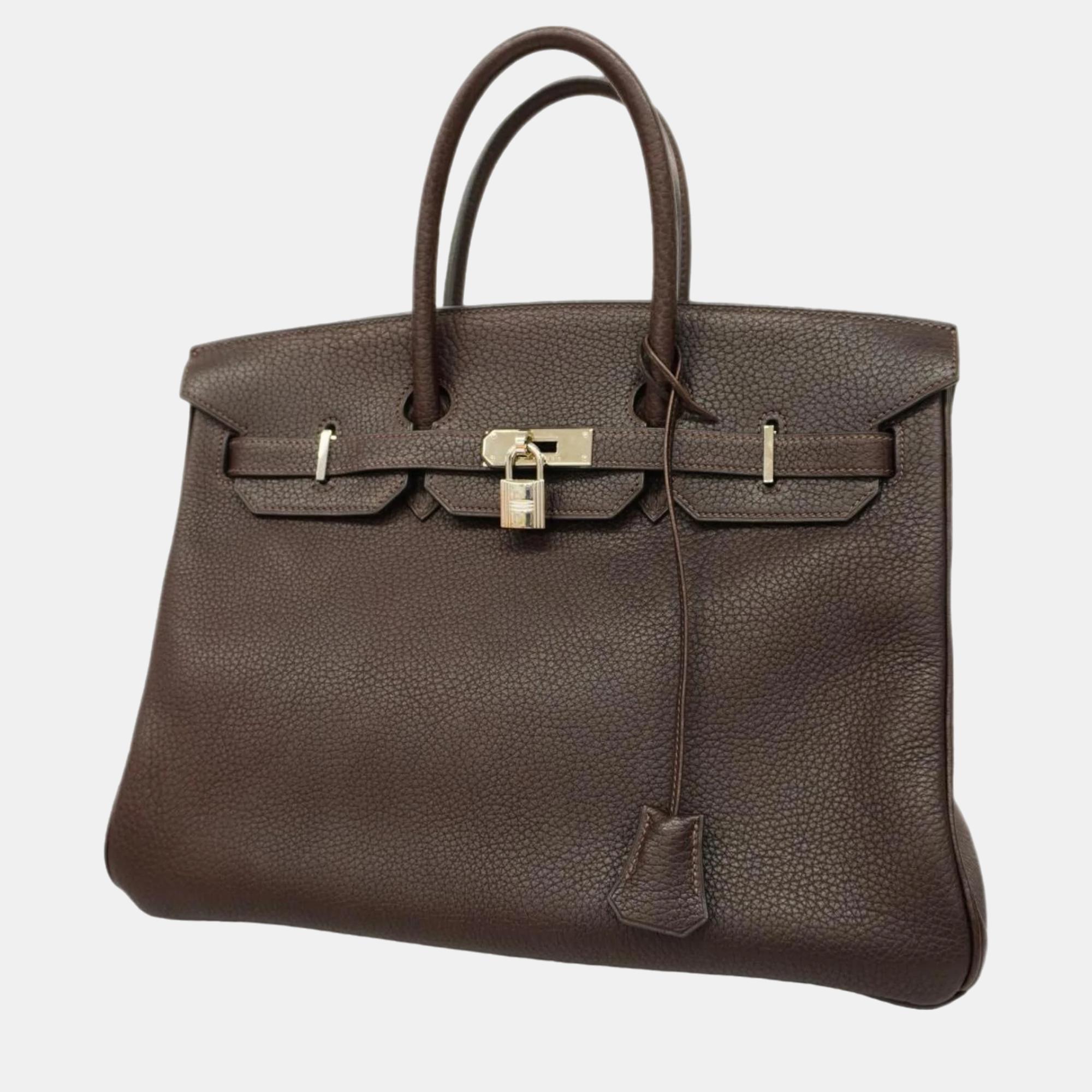 

Hermes Chocolat Taurillon Clemence Leather Birkin 35 Tote Bag, Brown