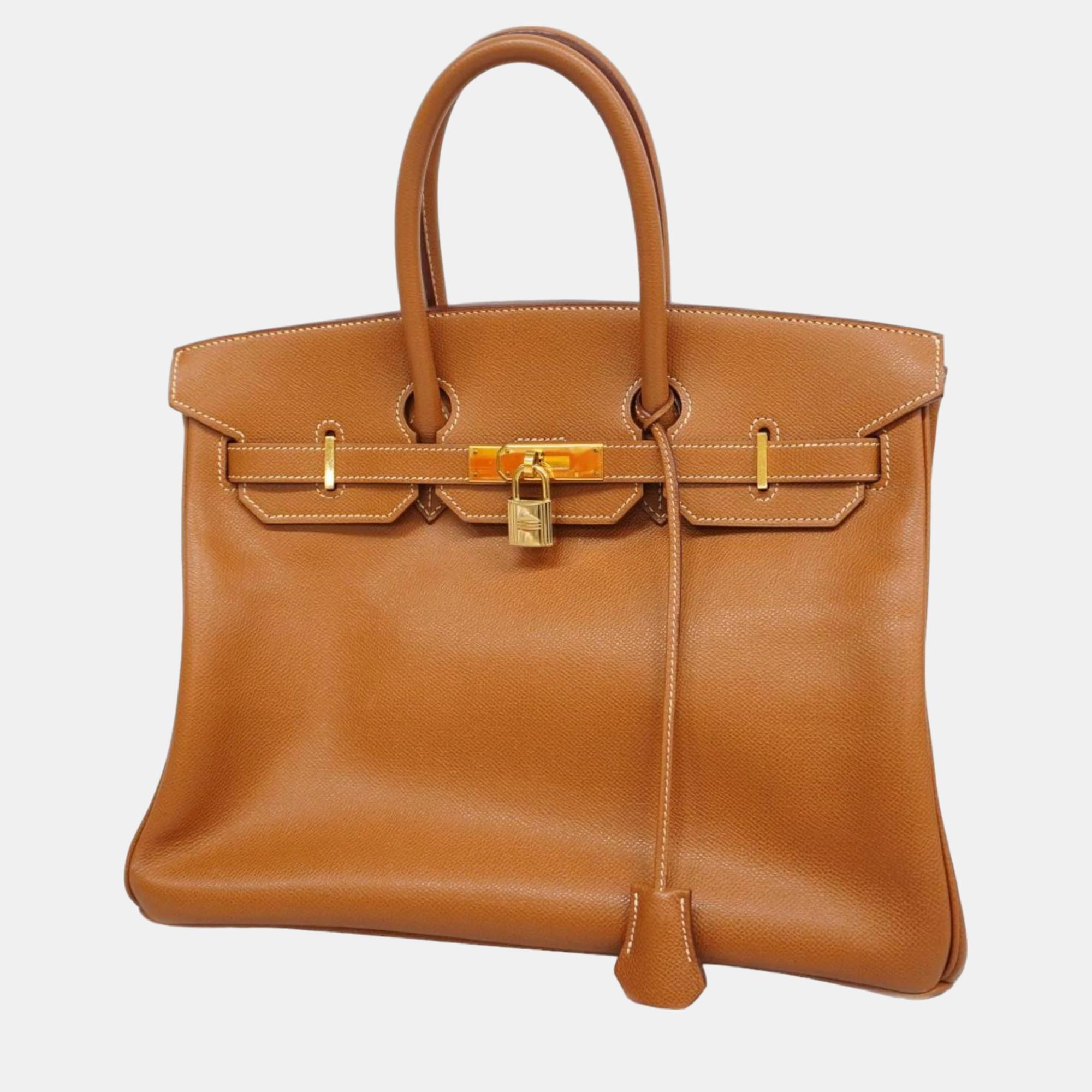 Pre-owned Hermes Gold Couchevel Birkin Engraved Handbag In Orange