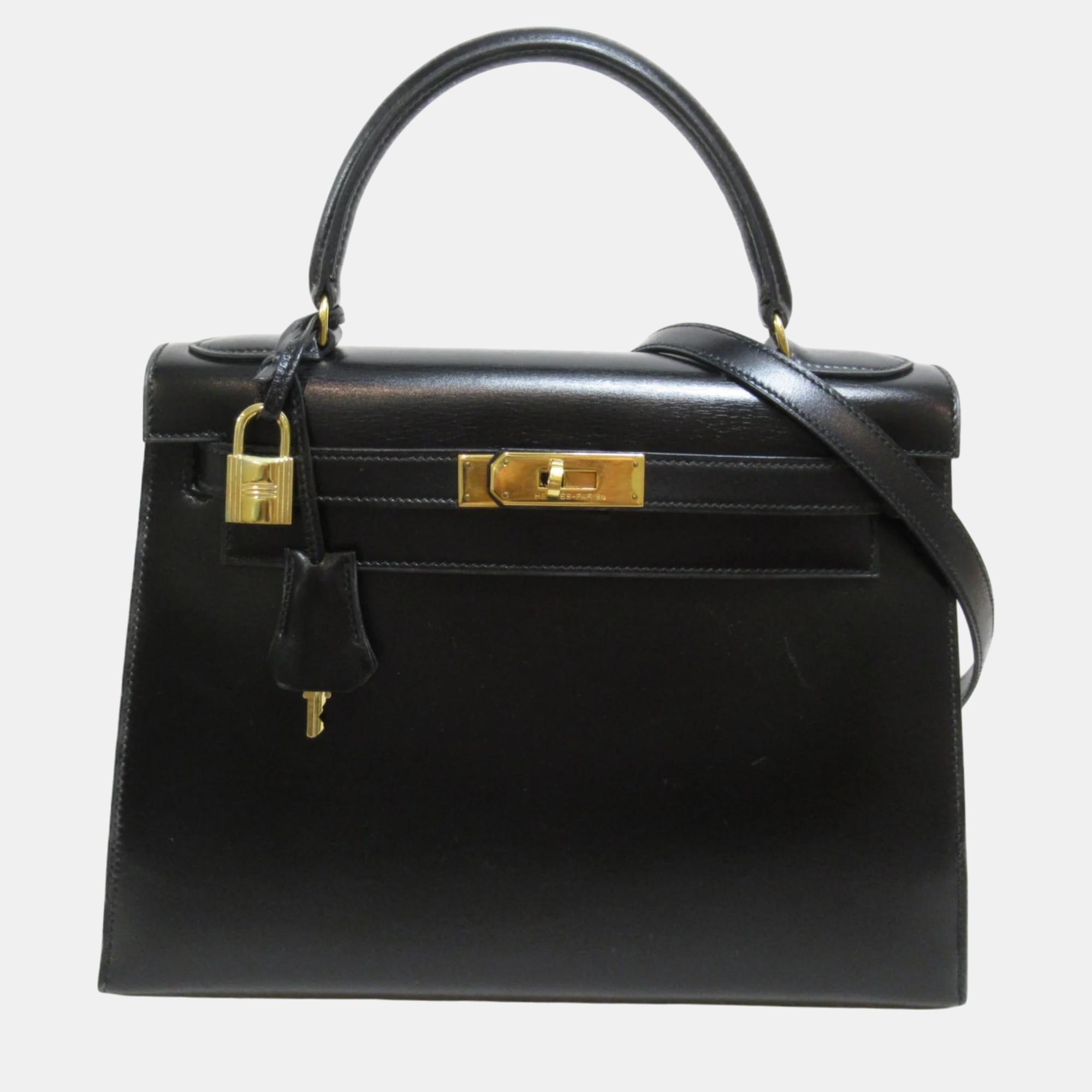 

Hermes Black Box Calf Leather Kelly 28 Tote Bag