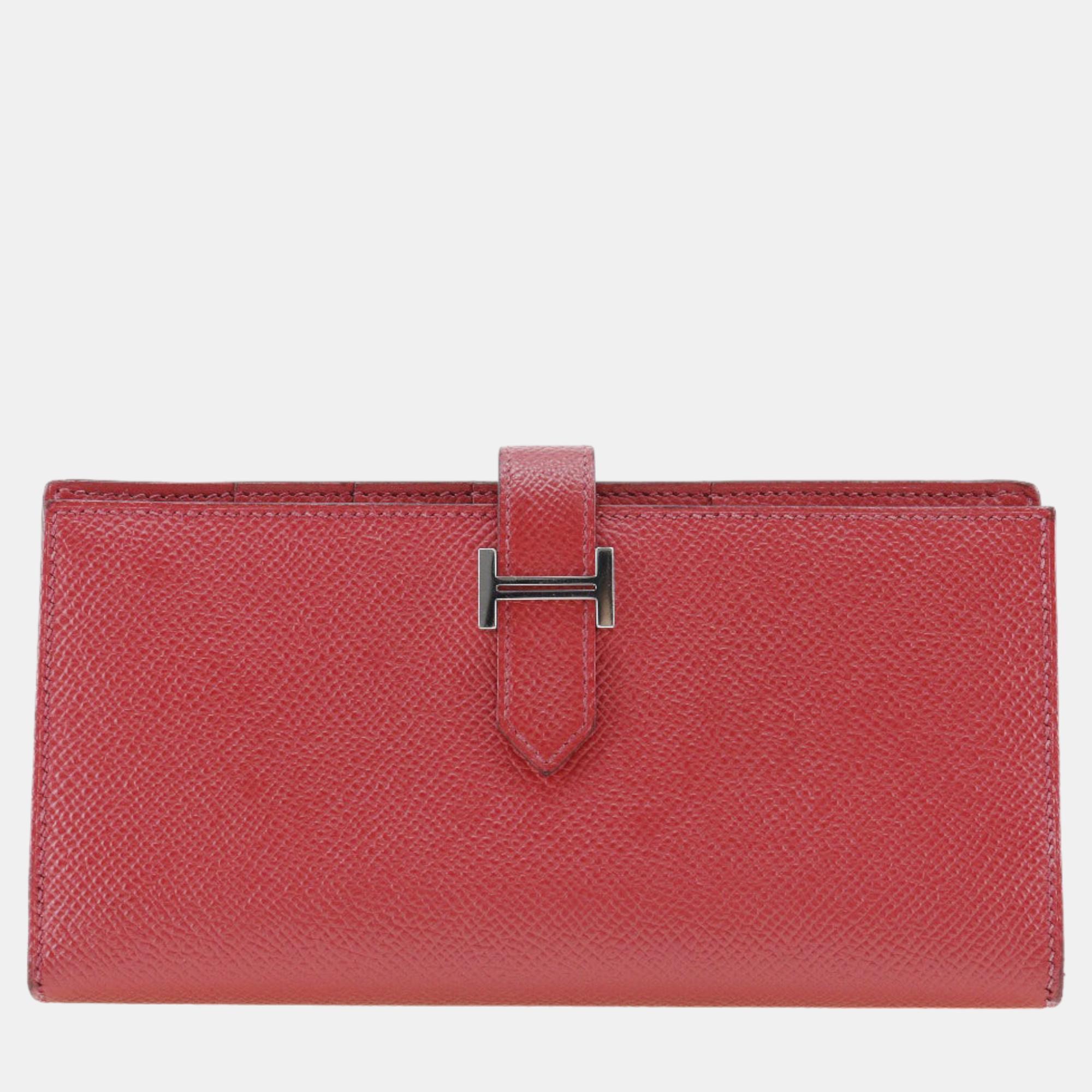Pre-owned Hermes Red Leather Bearn Wallet