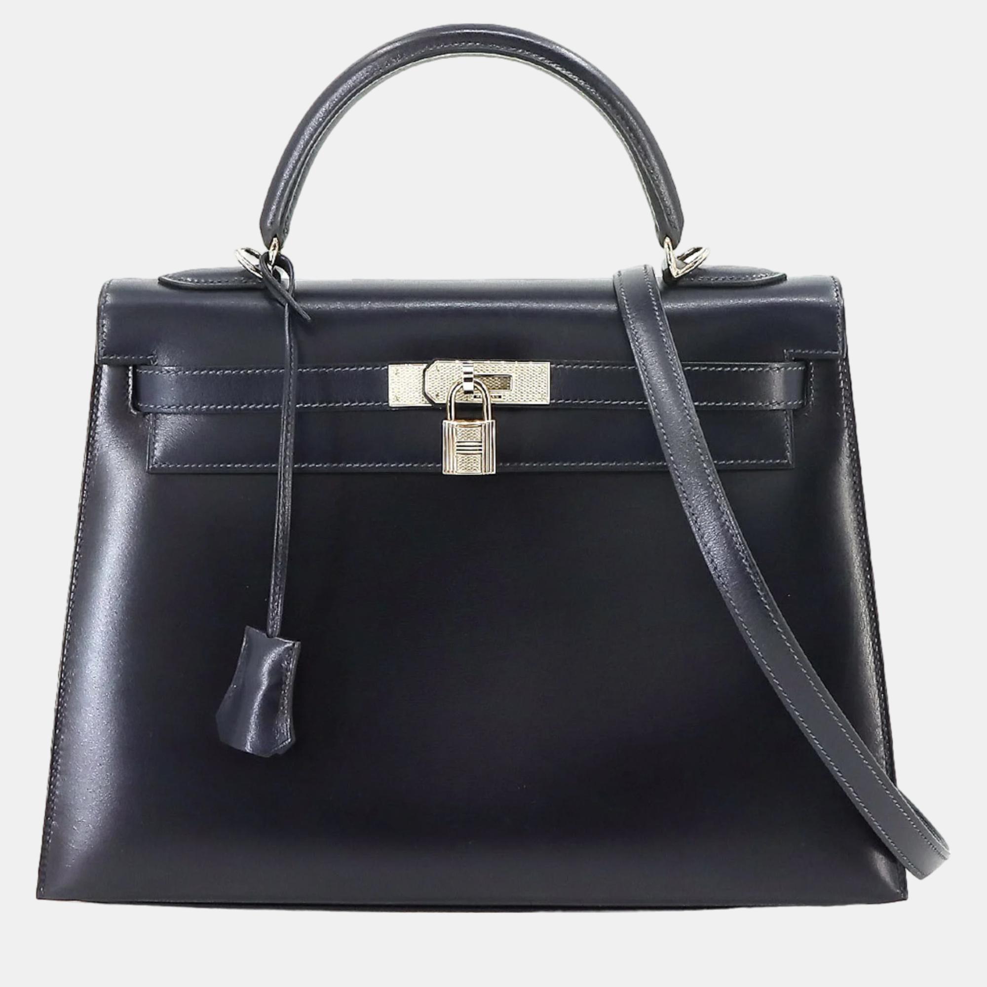 

Hermes Blue marine box calf G stamp guilloche Kelly 32 Handbag, Black