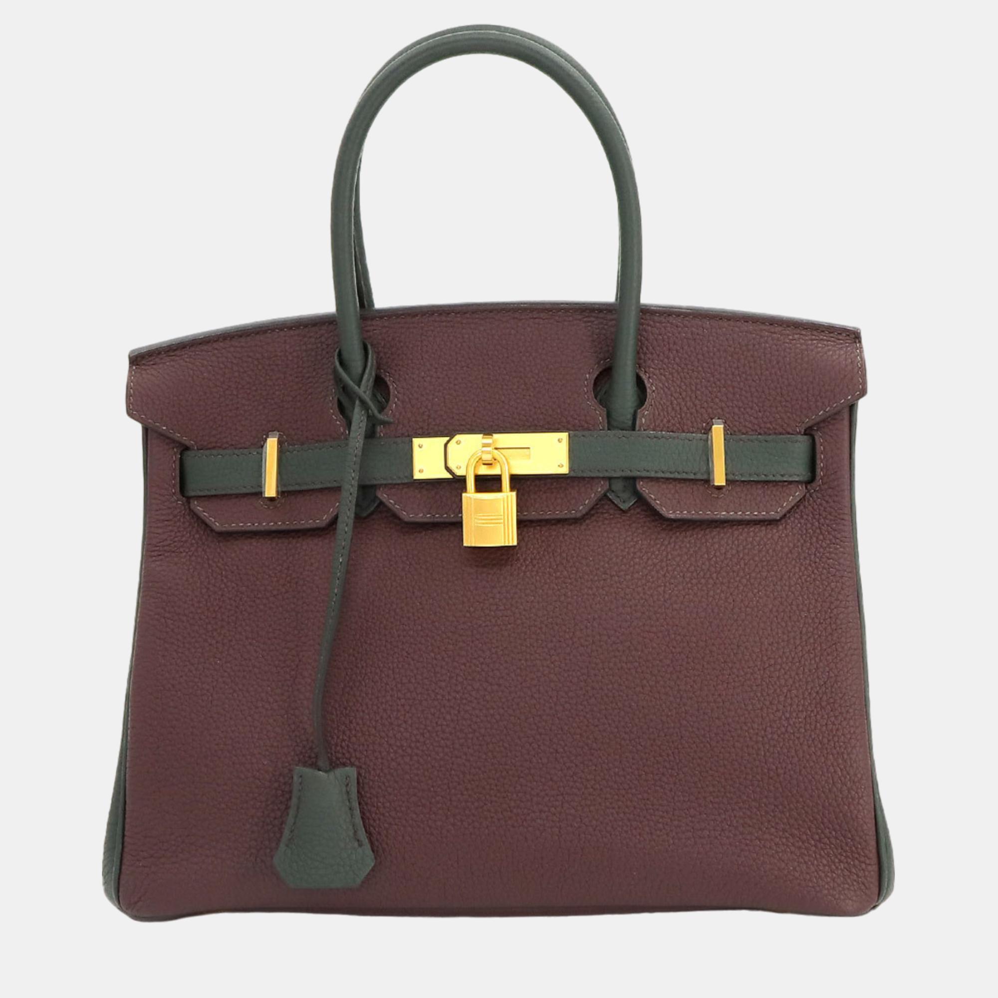 

Hermes Rouge H Vert Fonce Togo D Engraved Gold Hardware Birkin 30 Handbag, Burgundy