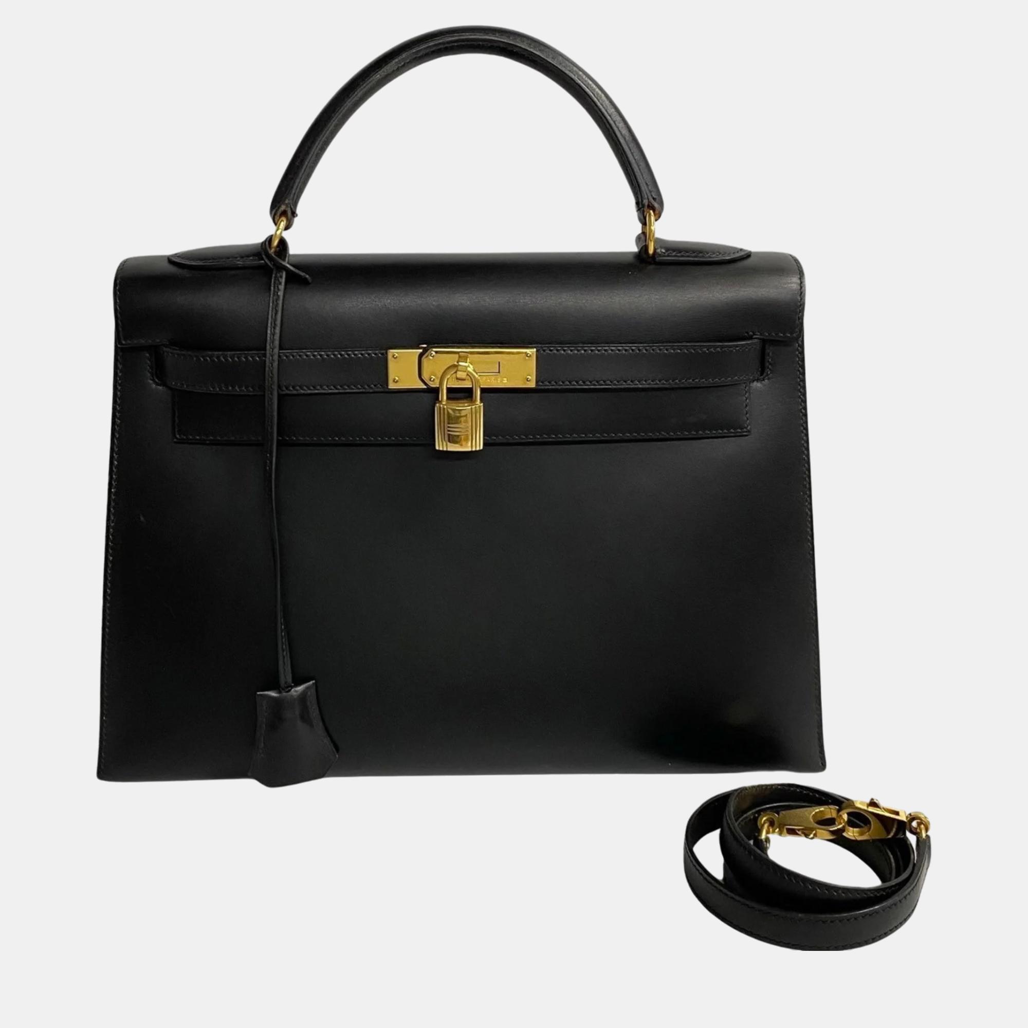 

Hermes Black Box Calf Leather Kelly 32 Tote Bag