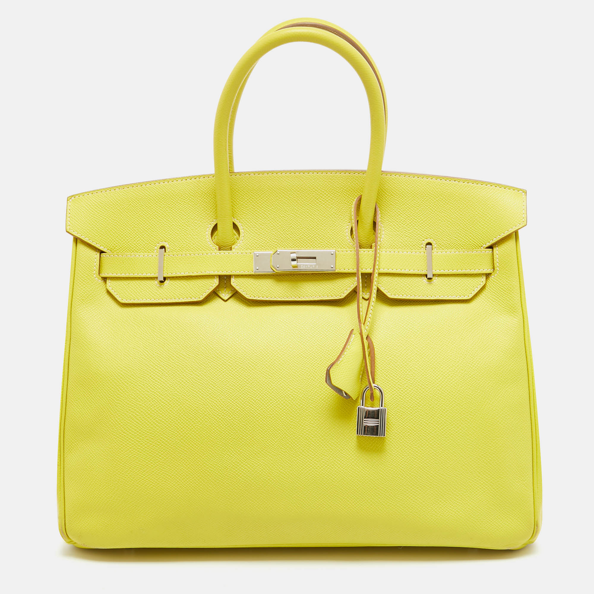 

Hermes Soufre/Gris Perle Epsom Leather Palladium Finish Birkin 35 Bag, Yellow