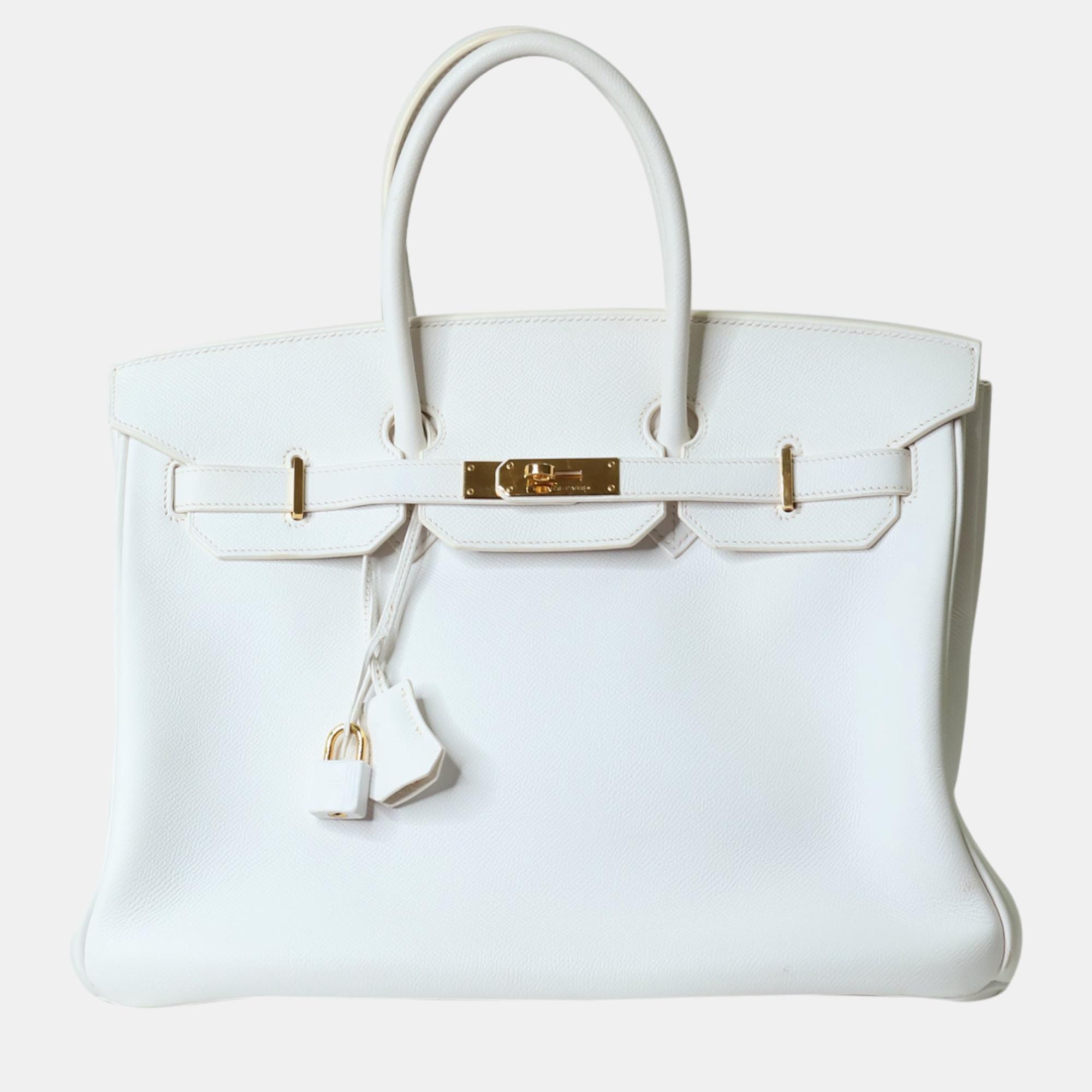Pre-owned Hermes White Clemence Leather Birkin 35 Bag