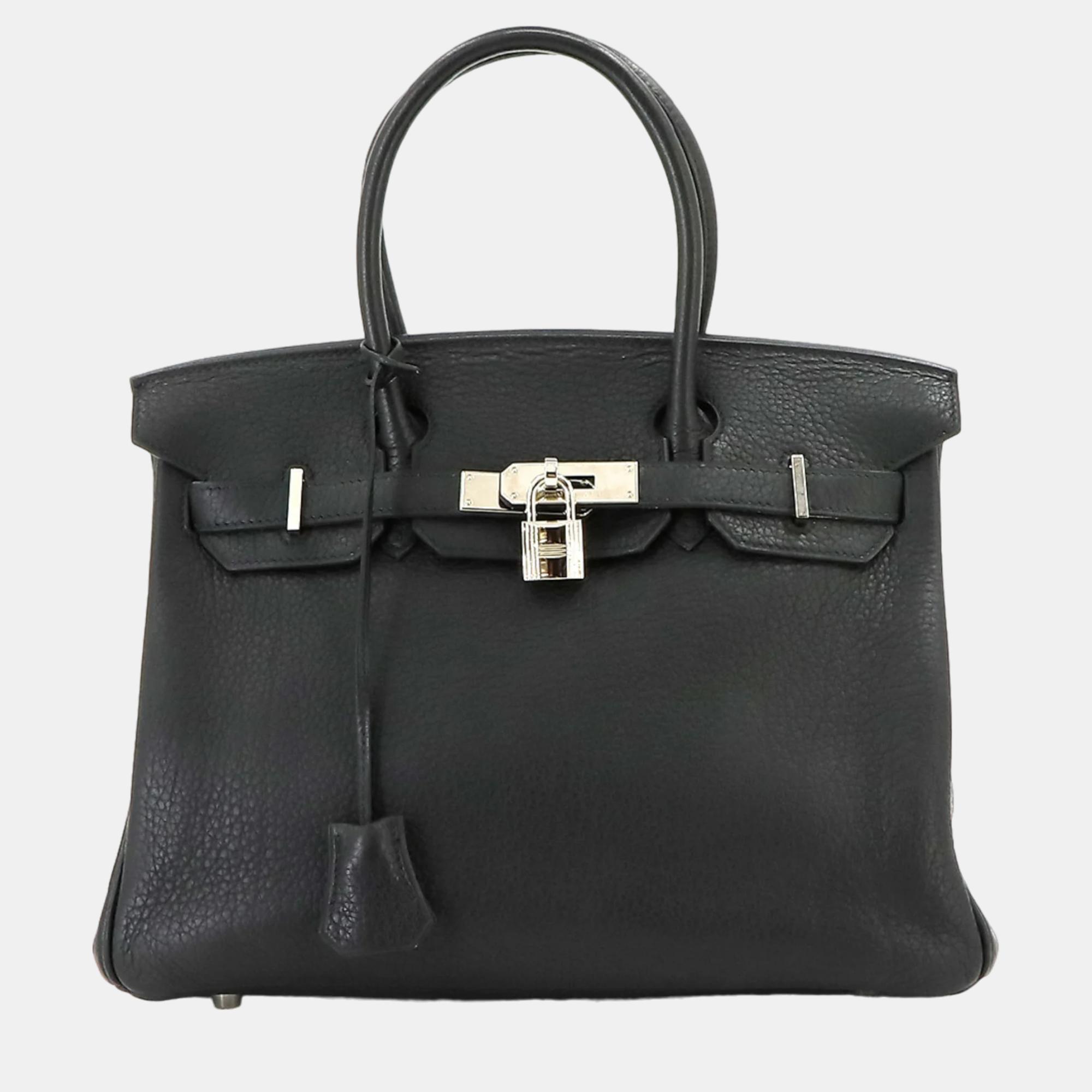 

Hermes Black Fjord  Engraved Silver Hardware Birkin Handbag