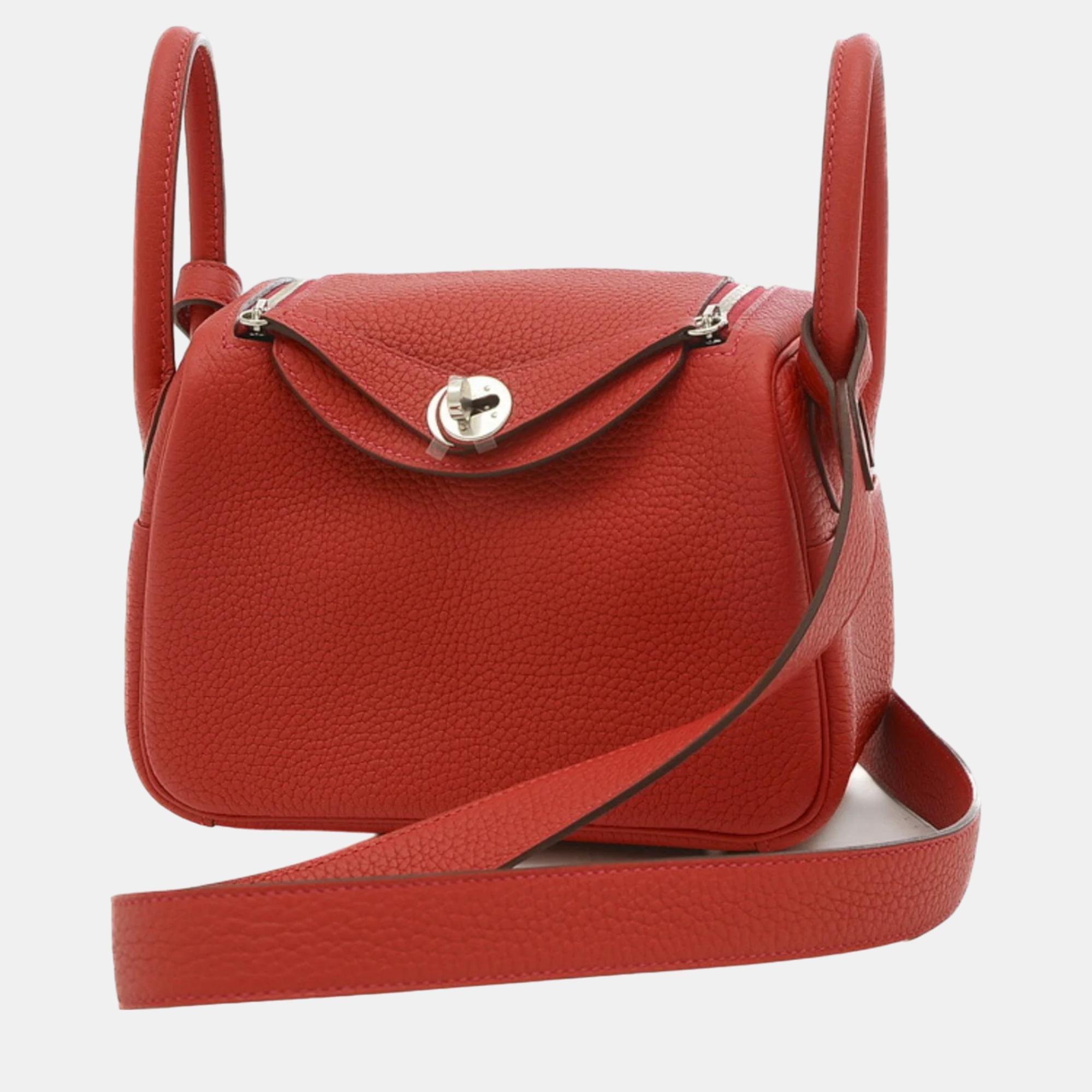 

Hermes Vermilion Taurillon Clemence Leather Mini Lindy Shoulder Bag, Red