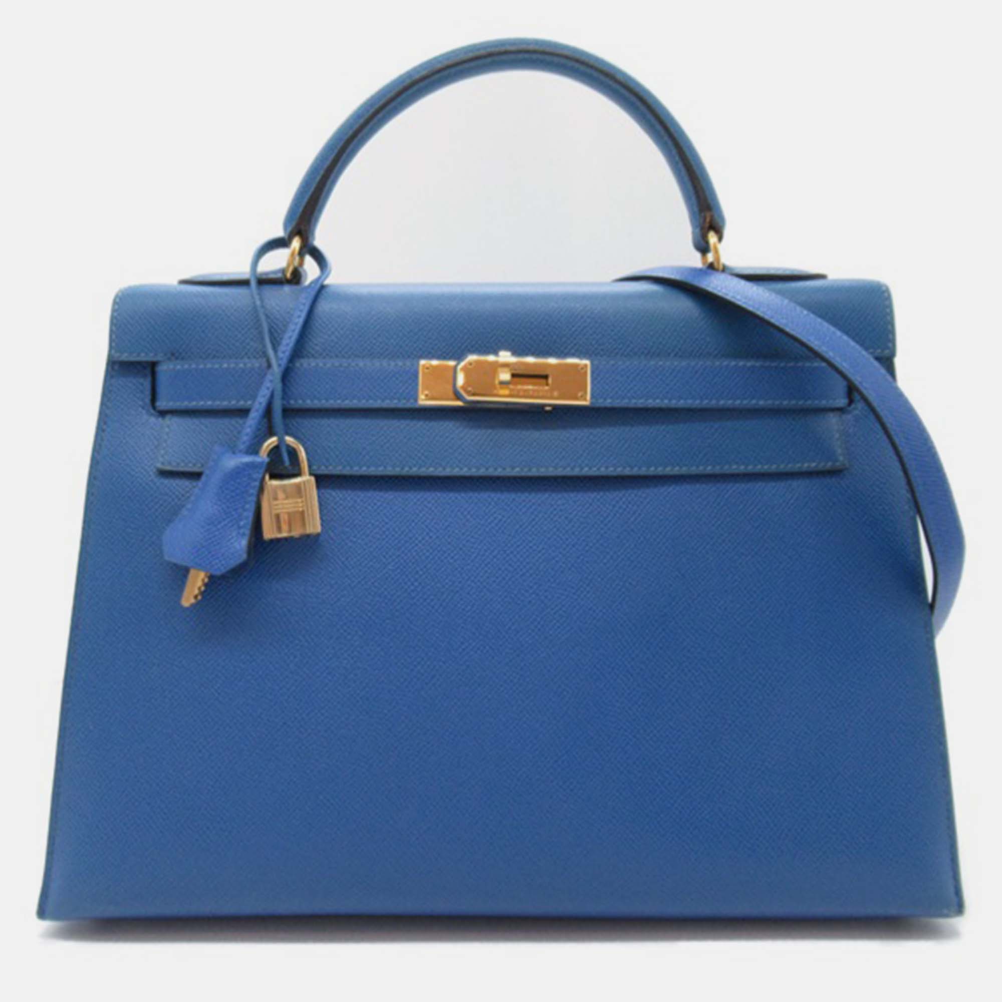 Pre-owned Hermes Blue Leather Epsom Kelly 32 Bag