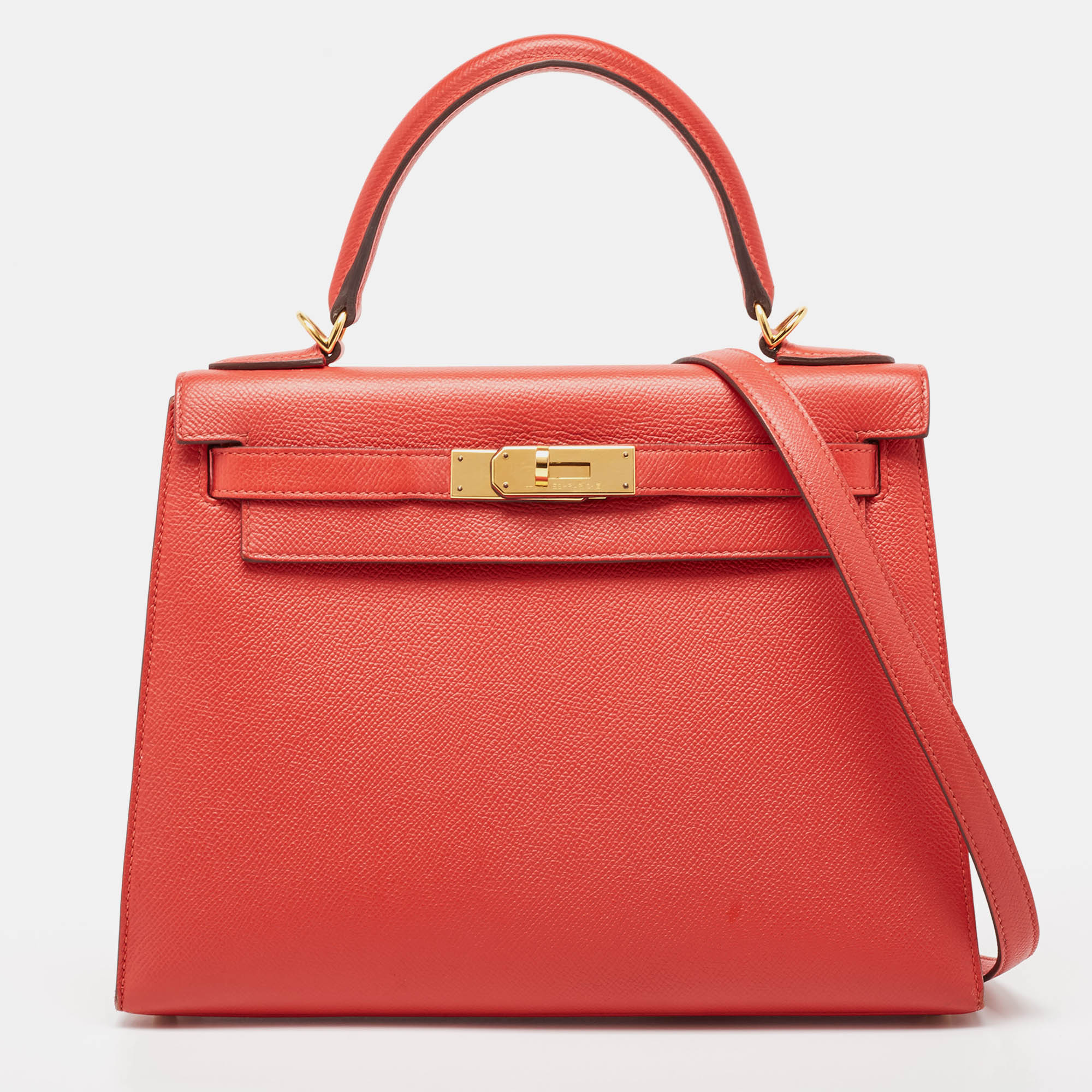 

Hermes Rouge Tomate Epsom Leather Gold Finish Kelly Sellier 28 Bag, Red