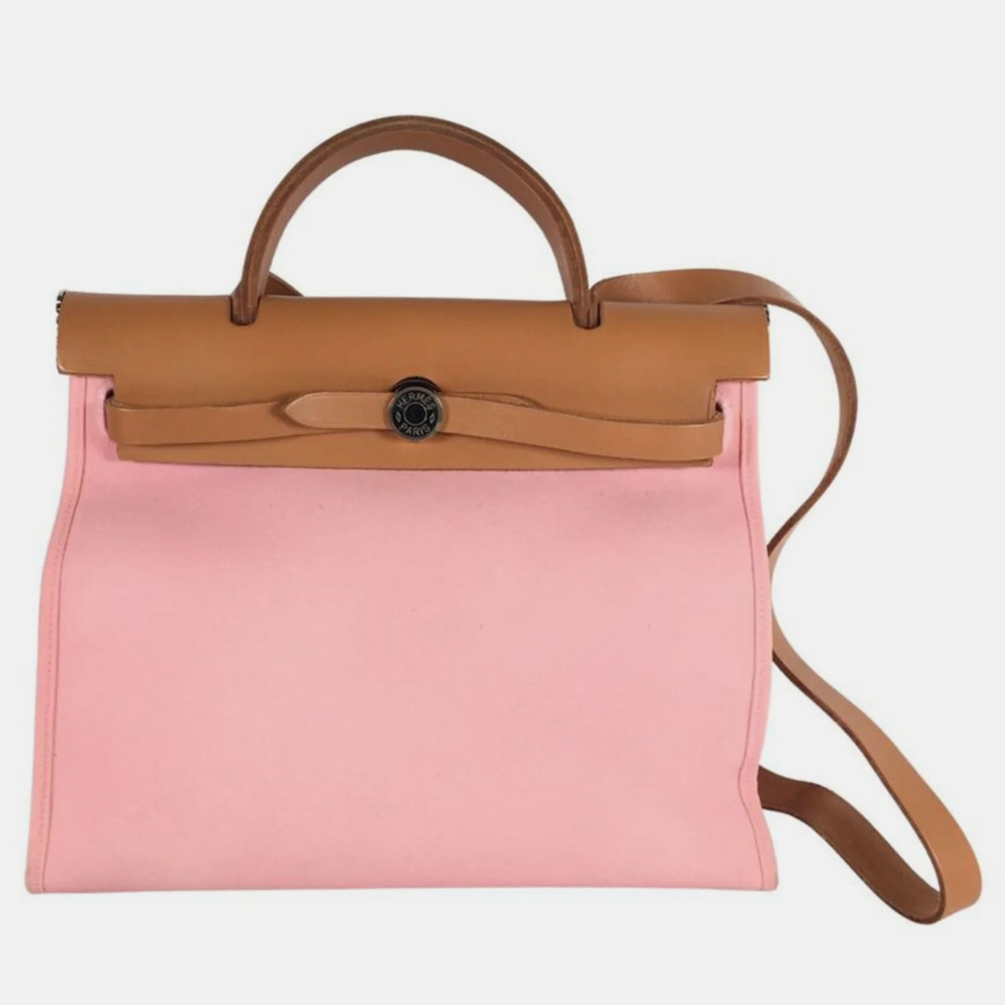 Pre-owned Hermes Rose Confetti Calfskin /canvas Herbag 31 Handbag In Pink