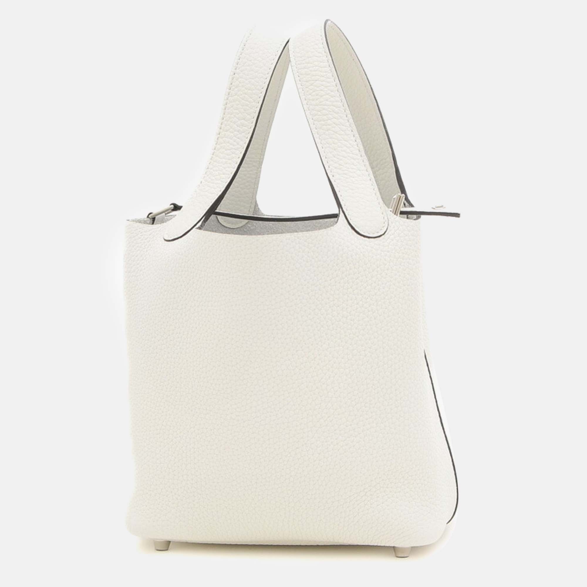 

Hermes New White Taurillon Clemence Picotin Lock PM Handbag