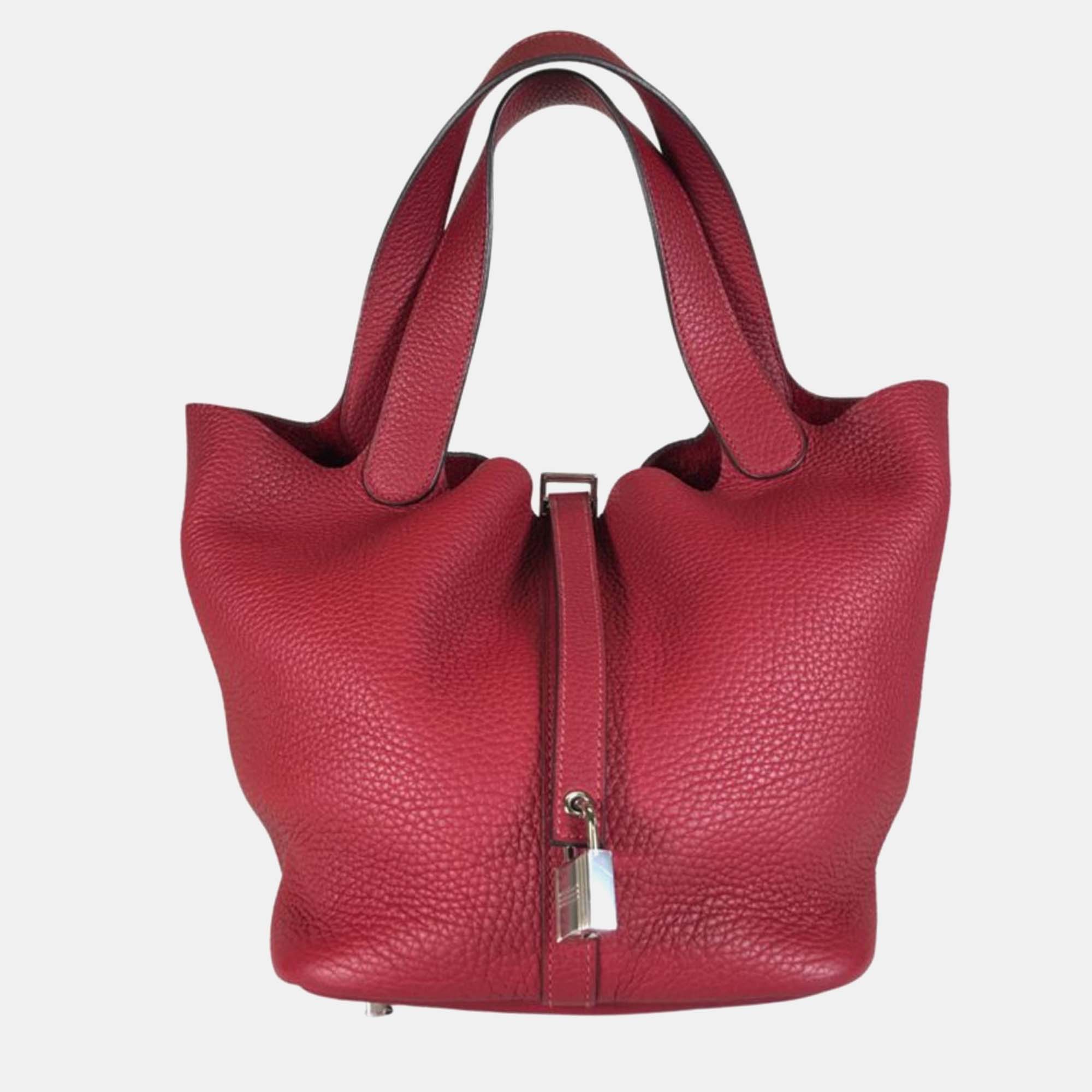 

Hermes Rouge Grenat Clemence Leather Picotin 22 Hobo Bag, Red