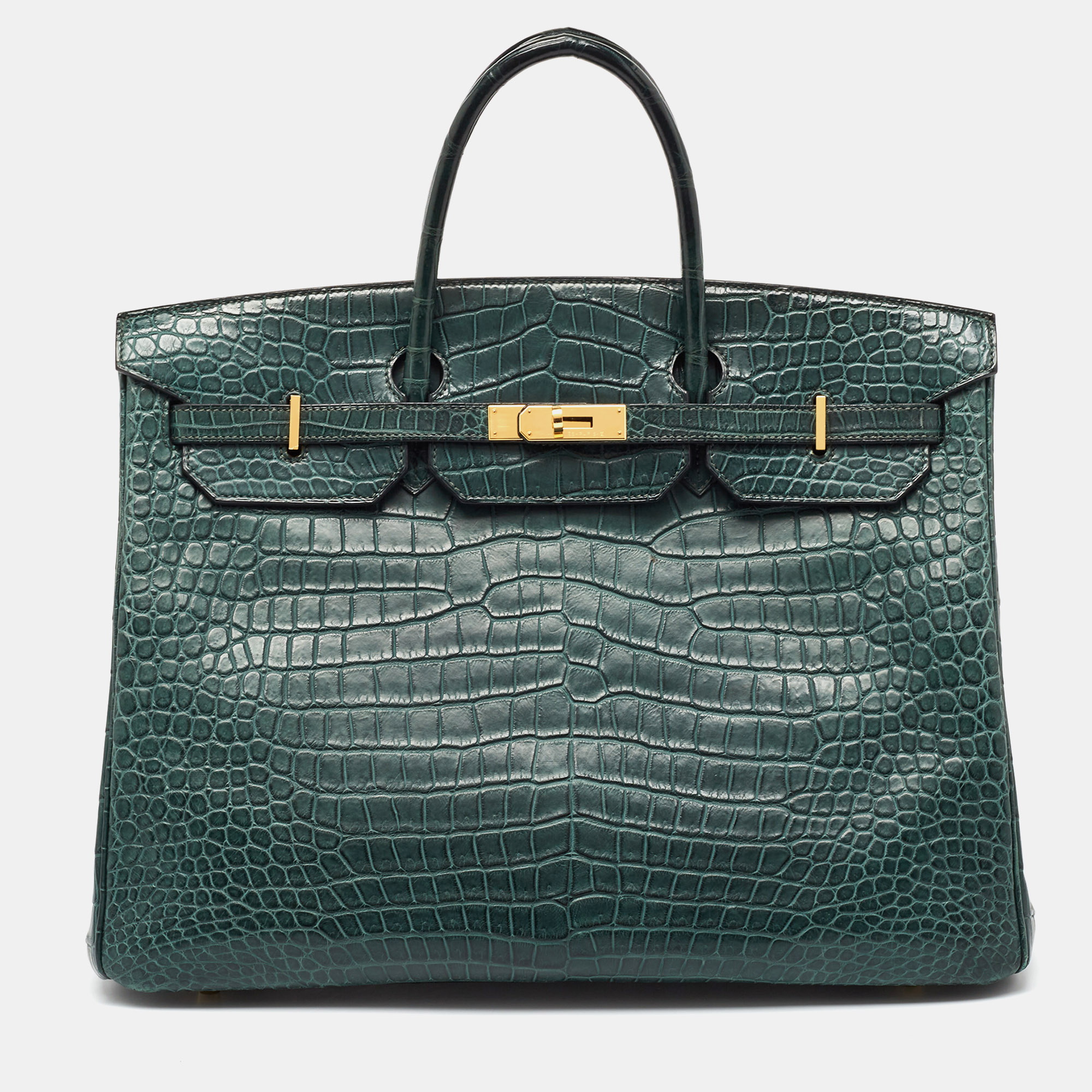 

Hermes Vert Fonce Matte Crocodile Porosus Gold Finish Birkin 40 Bag, Green