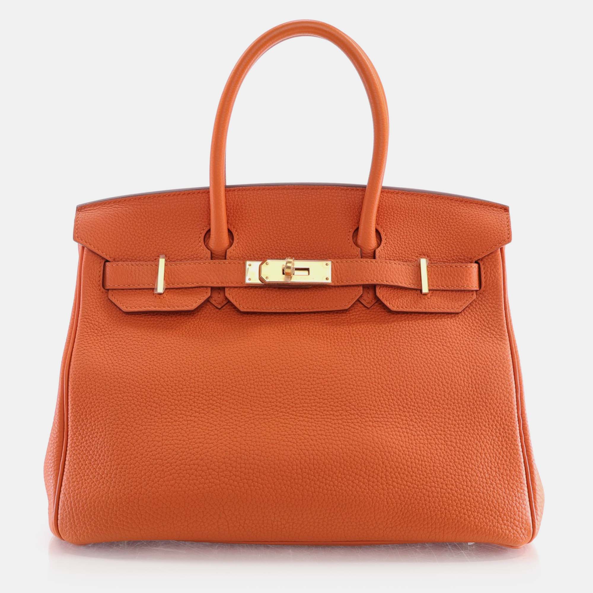 Pre-owned Hermes Orange Togo Birkin 30 Handbag