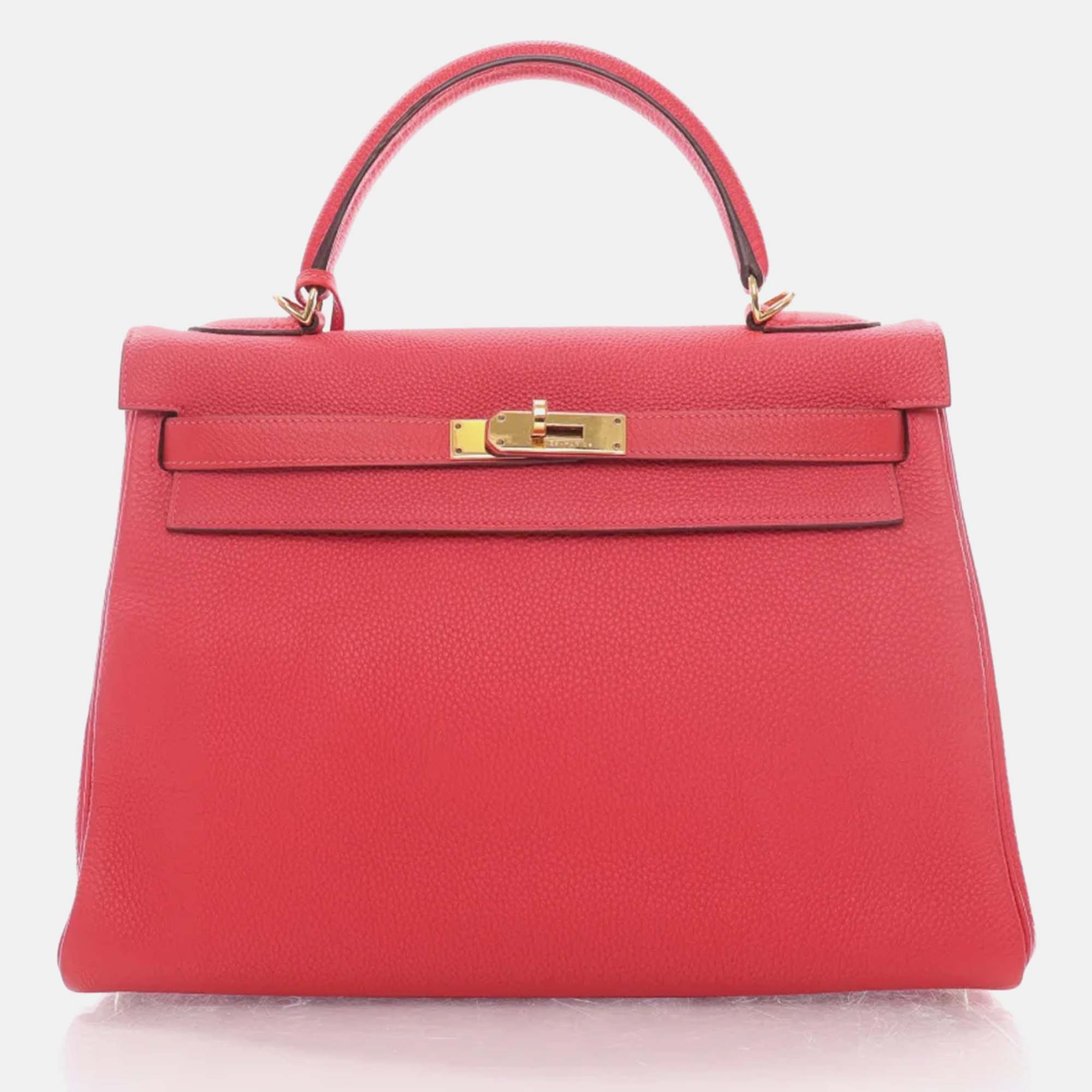 Pre-owned Hermes Rose Jaipur Togo Kelly 32 Handbag In Red