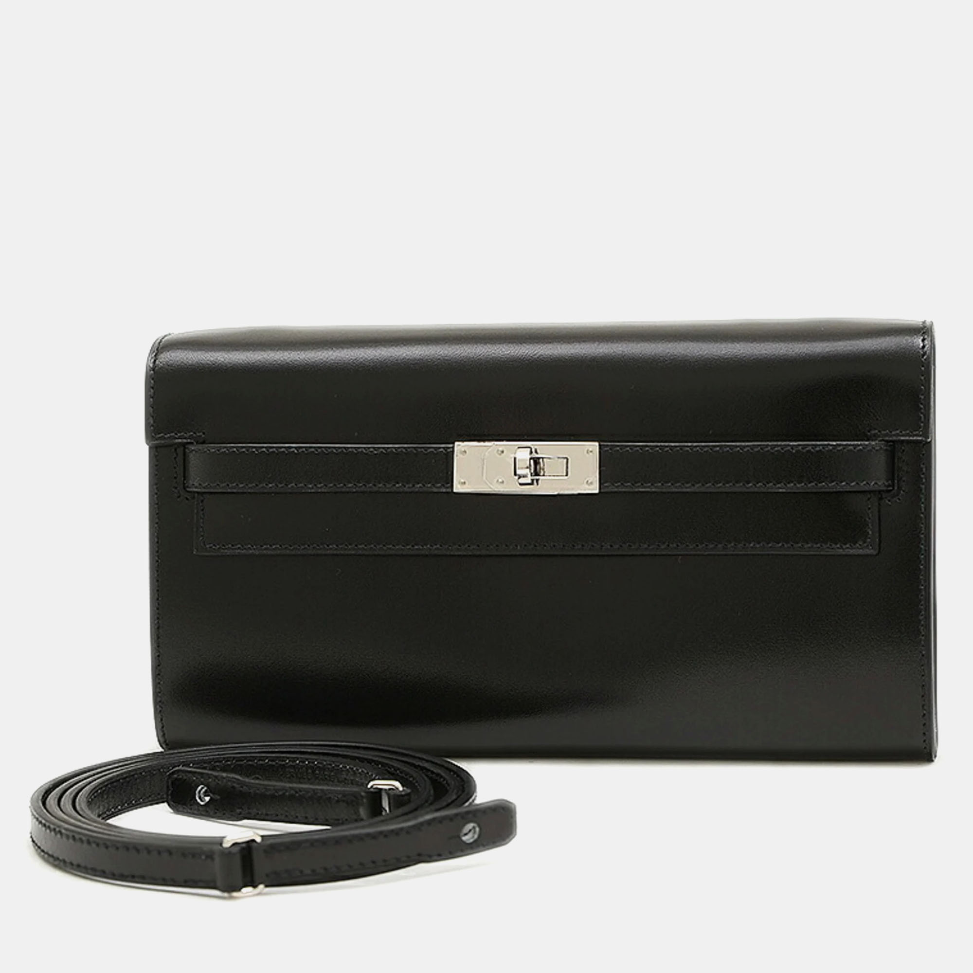 Pre-owned Hermes Black Box Calf Kelly To Go Shoulder Wallet