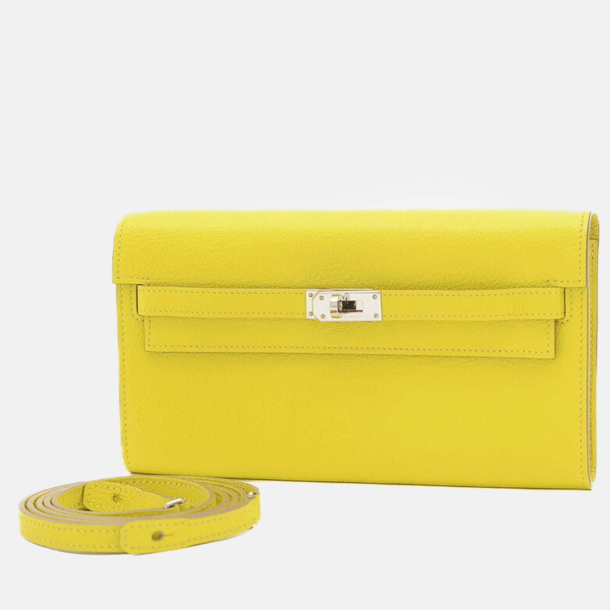 

Hermes Lime Chevre Y Stamp Kelly To-Go Shoulder Wallet, Yellow