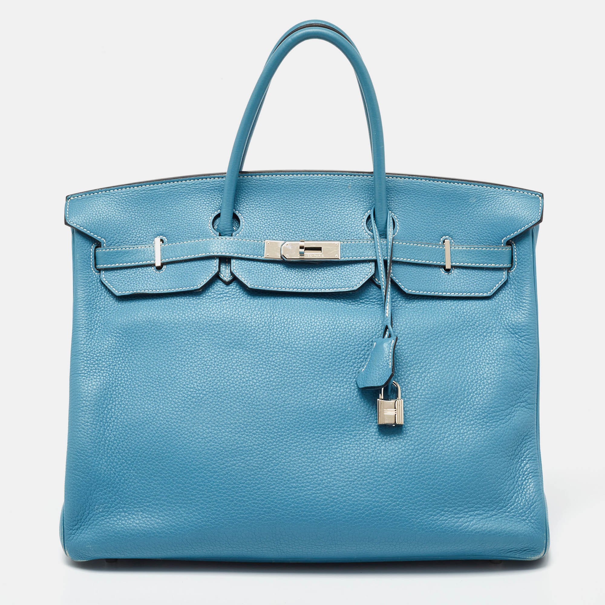 Pre-owned Hermes Bleu Jean Taurillon Clemence Leather Palladium Finish Birkin 40 Bag In Blue