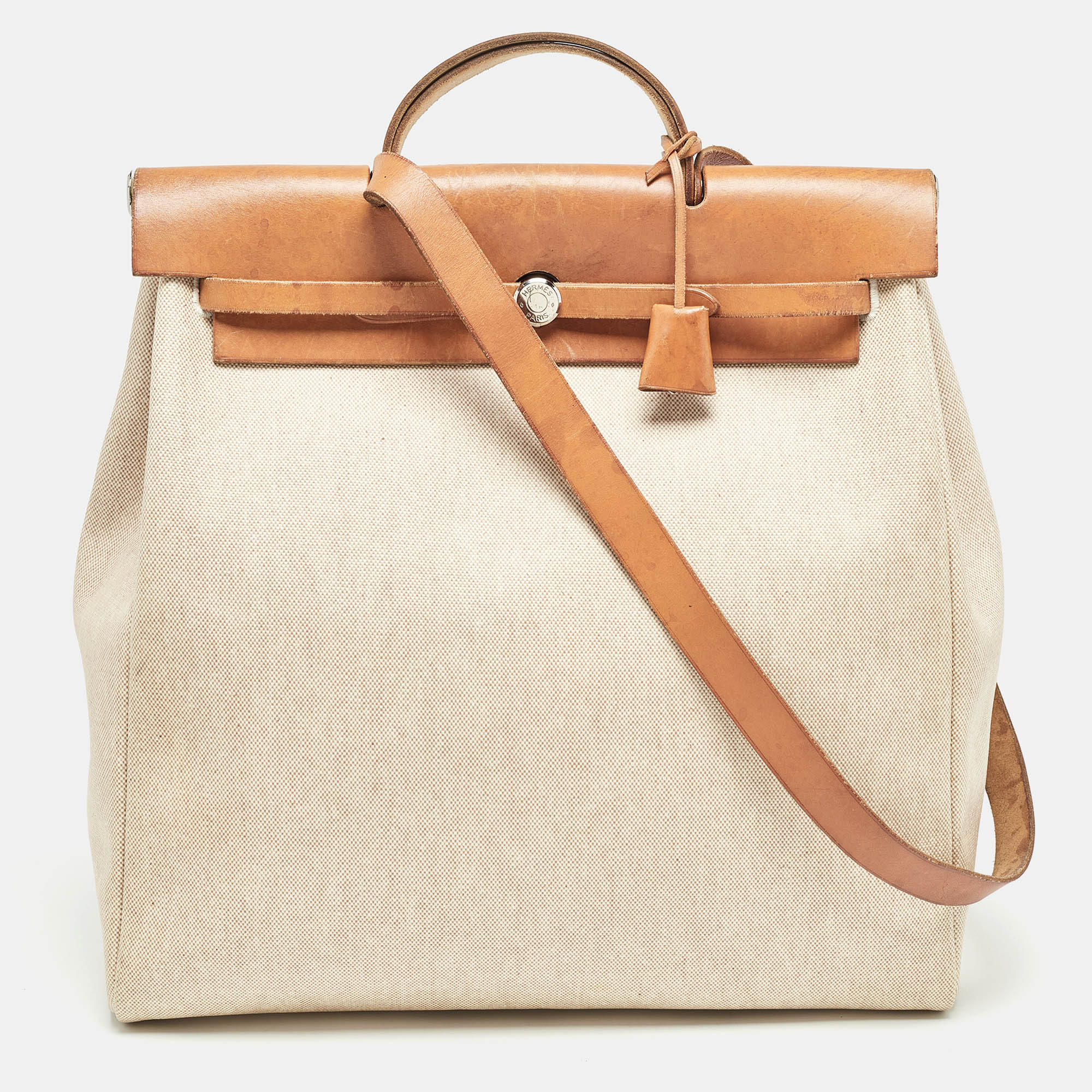 

Hermes Tan/Beige Canvas and Leather 2 in 1 Herbag 39 Bag, Brown