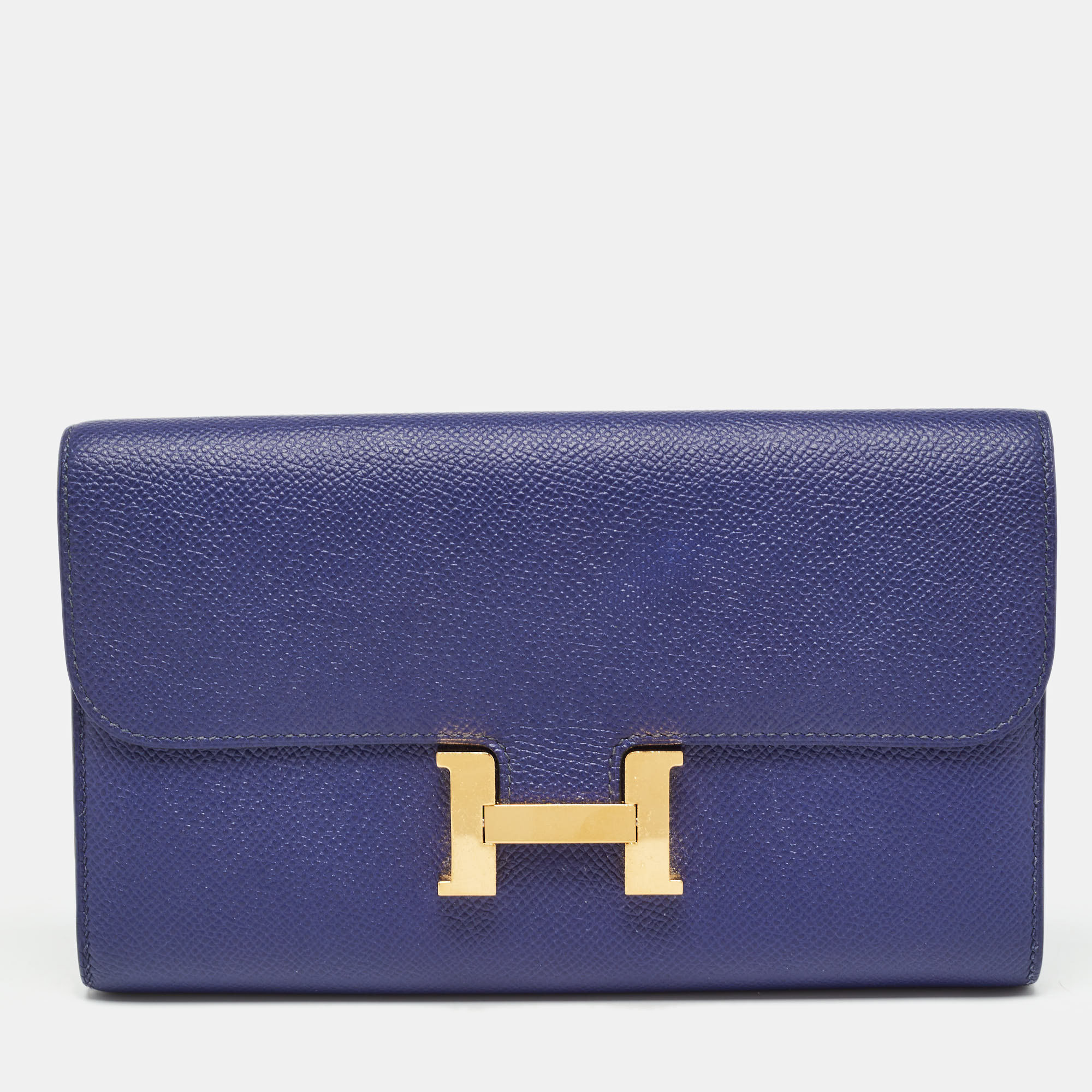 Pre-owned Hermes Bleu Encre Epsom Leather Constance Long Wallet In Blue