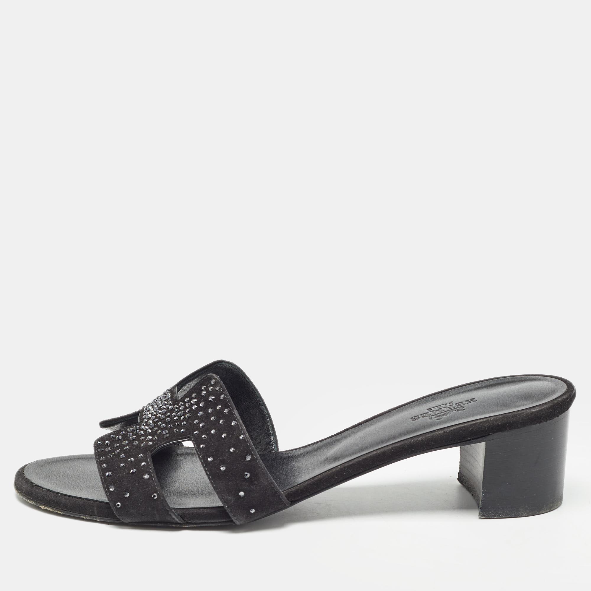 

Hermes Black Suede Embellished Oasis Slide Sandals Size